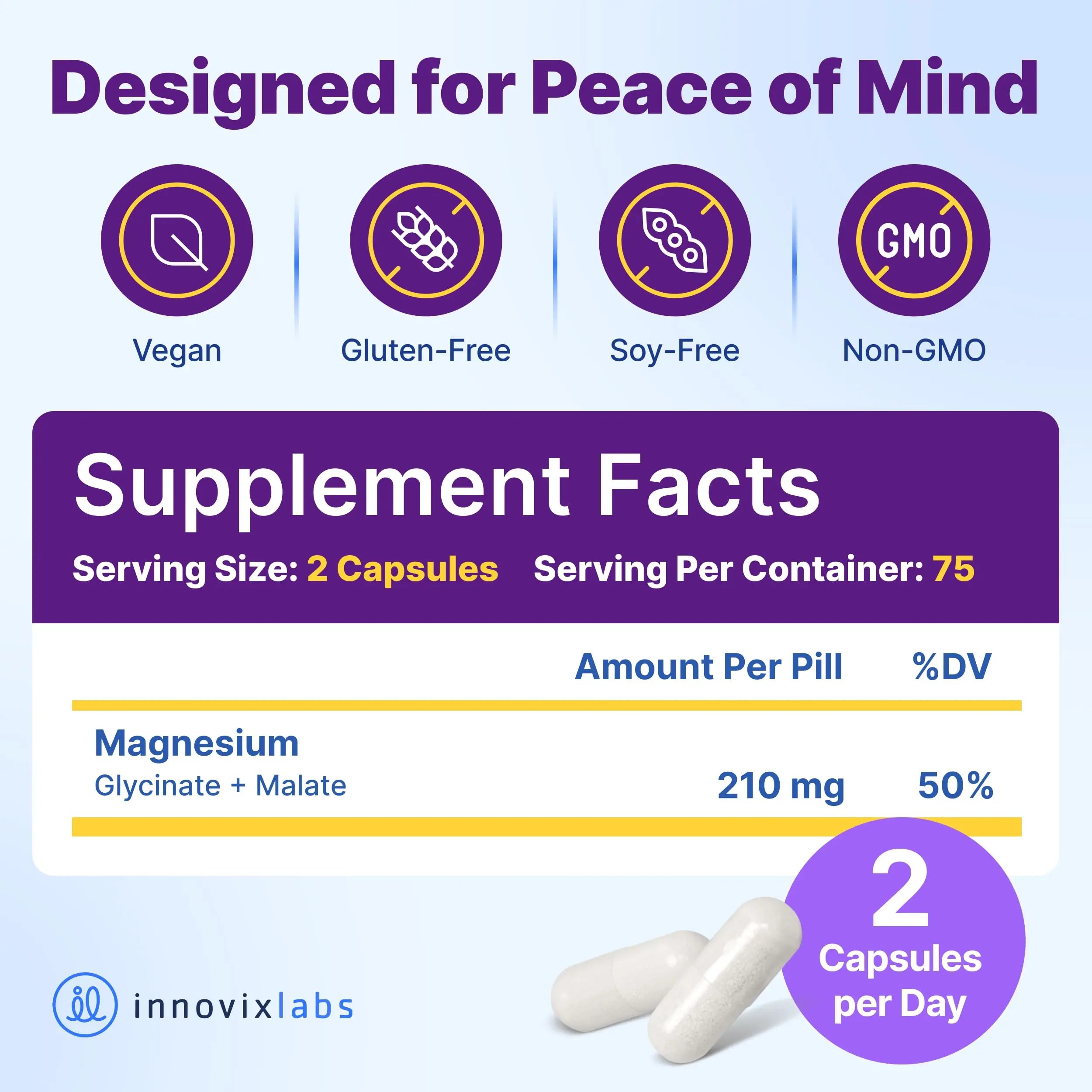 InnovixLabs Advanced Magnesium Capsules - 150 Ct, 210 mg - Chelated Glycinate and Malate - High Absorption, Promotes Relaxation, Bones, Muscle Health, Vegan Malate Sleep Supplement InnovixLabsnz supplements