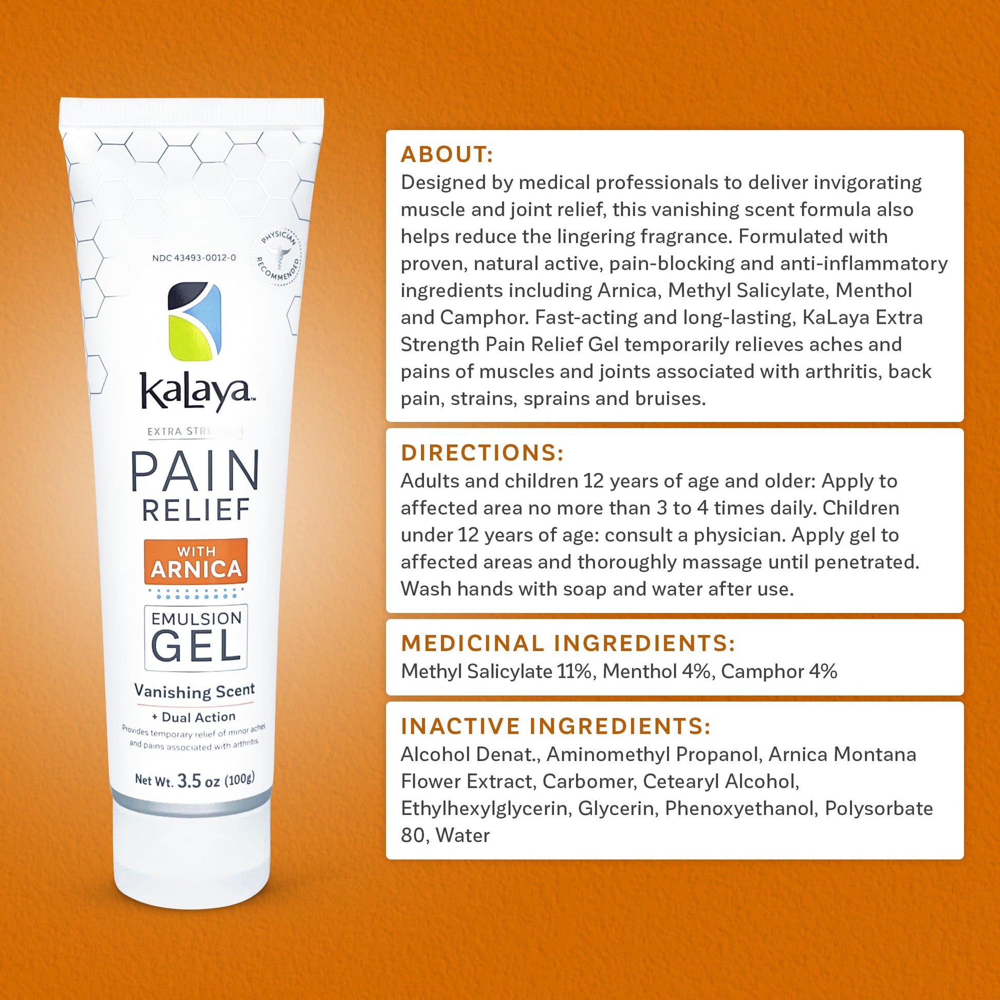 Kalaya Extra Strength Pain Relief Gel with Arnica -Fast Acting, Long Lasting, Vanishing Scent, medically formulated for Arthritis, Joints, Muscle, Back, Neck, Shoulder, Hand and Knee Pain Kalaya NaturalsAu supplements