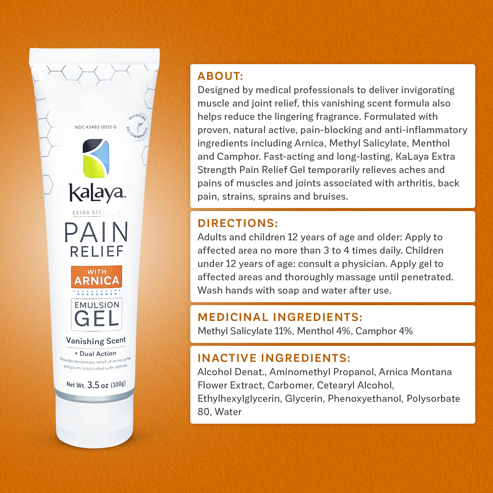 Kalaya Extra Strength Pain Relief Gel with Arnica -Fast Acting, Long Lasting, Vanishing Scent, medically formulated for Arthritis, Joints, Muscle, Back, Neck, Shoulder, Hand and Knee Pain Kalaya NaturalsAu supplements