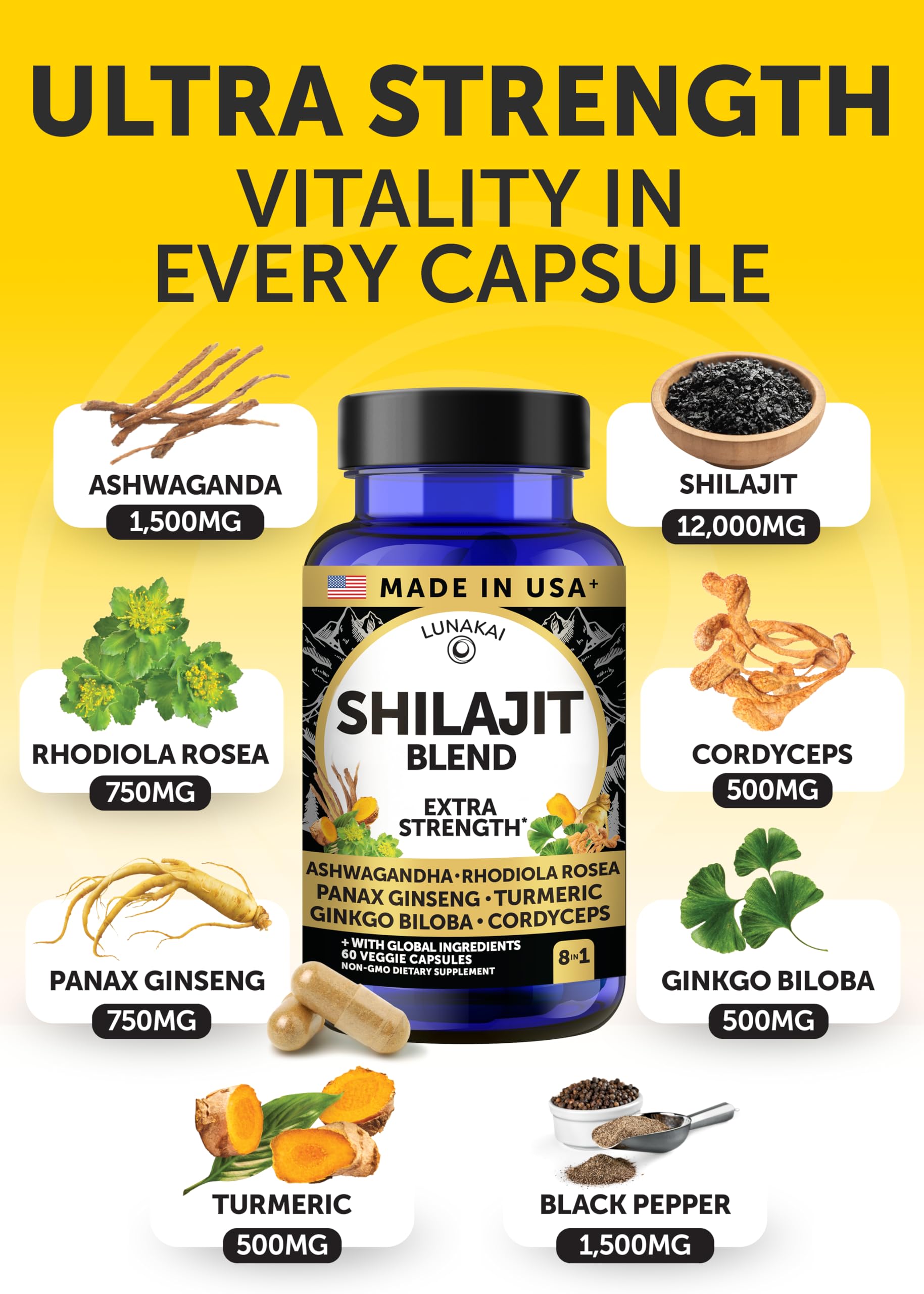 Lunakai USA Made Pure Shilajit Capsules with Ashwagandha, Rhodiola & Cordyceps - Extra Strength Shilajit Extract for Men & Women, 60ct LunakaiAu supplements