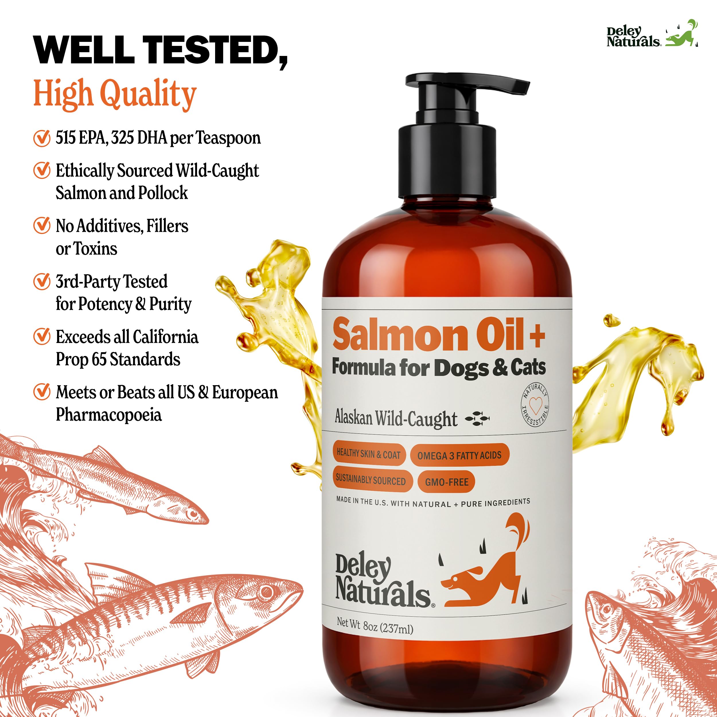 Deley Naturals Wild Alaskan Salmon Oil for Dogs & Cats - New and Improved Salmon Oil Plus Formula - Fish Oil for Dogs with Omega 3, DHA and EPA - Omega 3 for Healthy Skin and Coat - 8oz Made in USA Deley NaturalsAu supplements