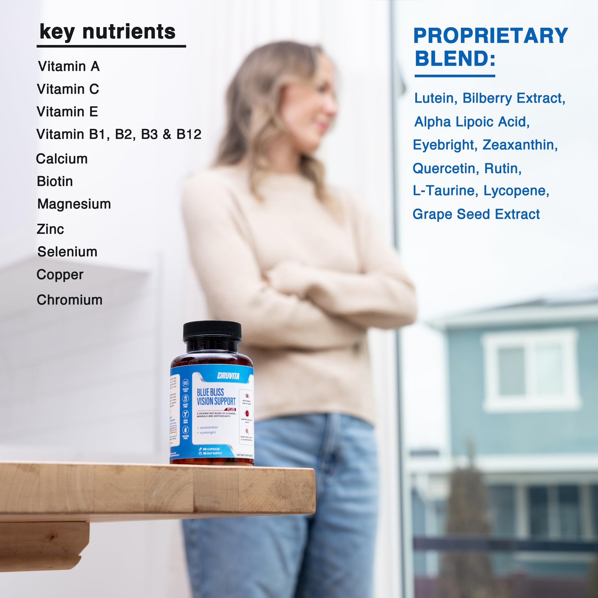 Blue Bliss Vision Support - Eye Vitamins with Lutein, Biotin, Bilberry and Zeaxanthin - Vitamin Supplement for Vision Health and Preservation for Adults Seniors 60 Veggie Capsules 30 Day Supply DruvitaAu supplements