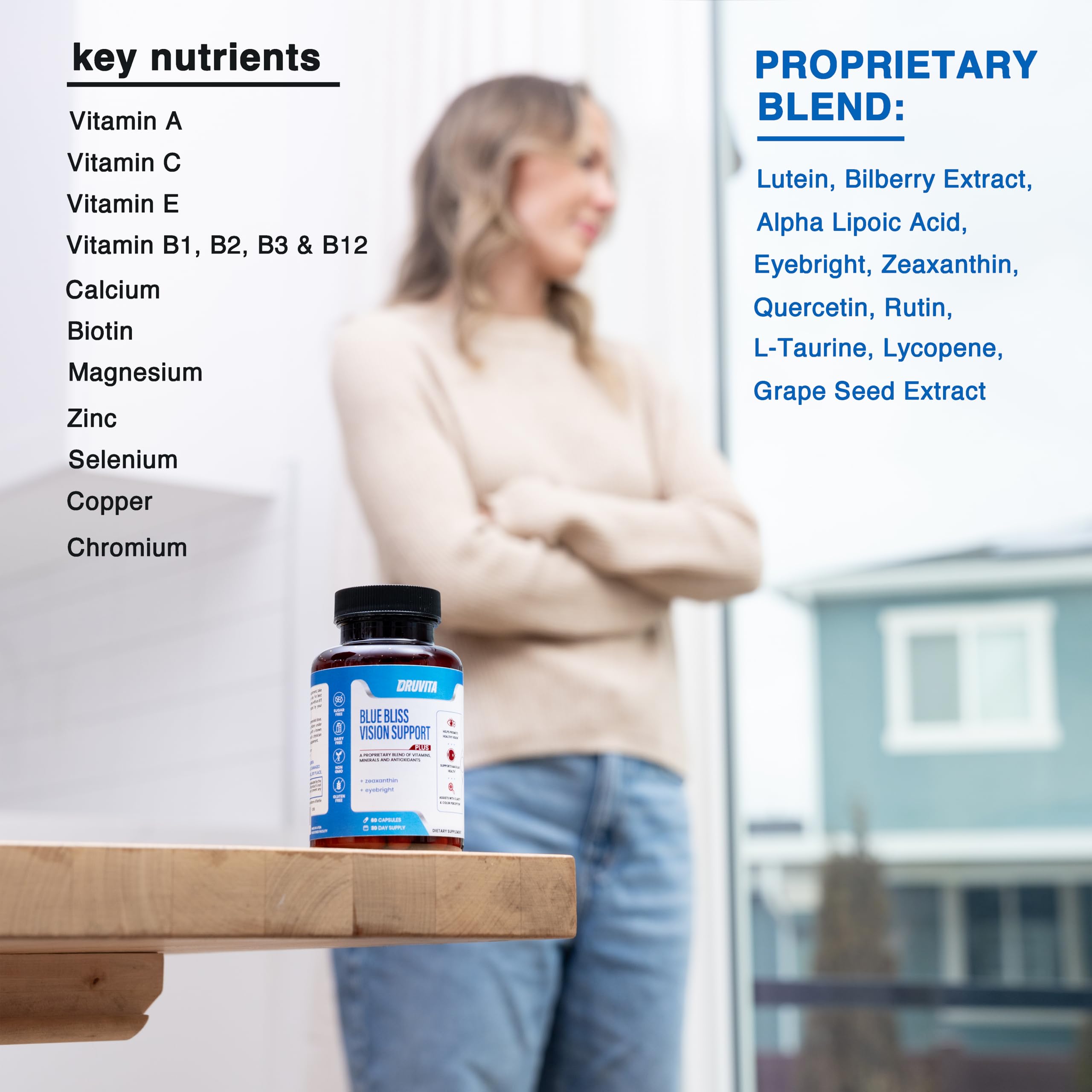 Blue Bliss Vision Support - Eye Vitamins with Lutein, Biotin, Bilberry and Zeaxanthin - Vitamin Supplement for Vision Health and Preservation for Adults Seniors 60 Veggie Capsules 30 Day Supply DruvitaAu supplements