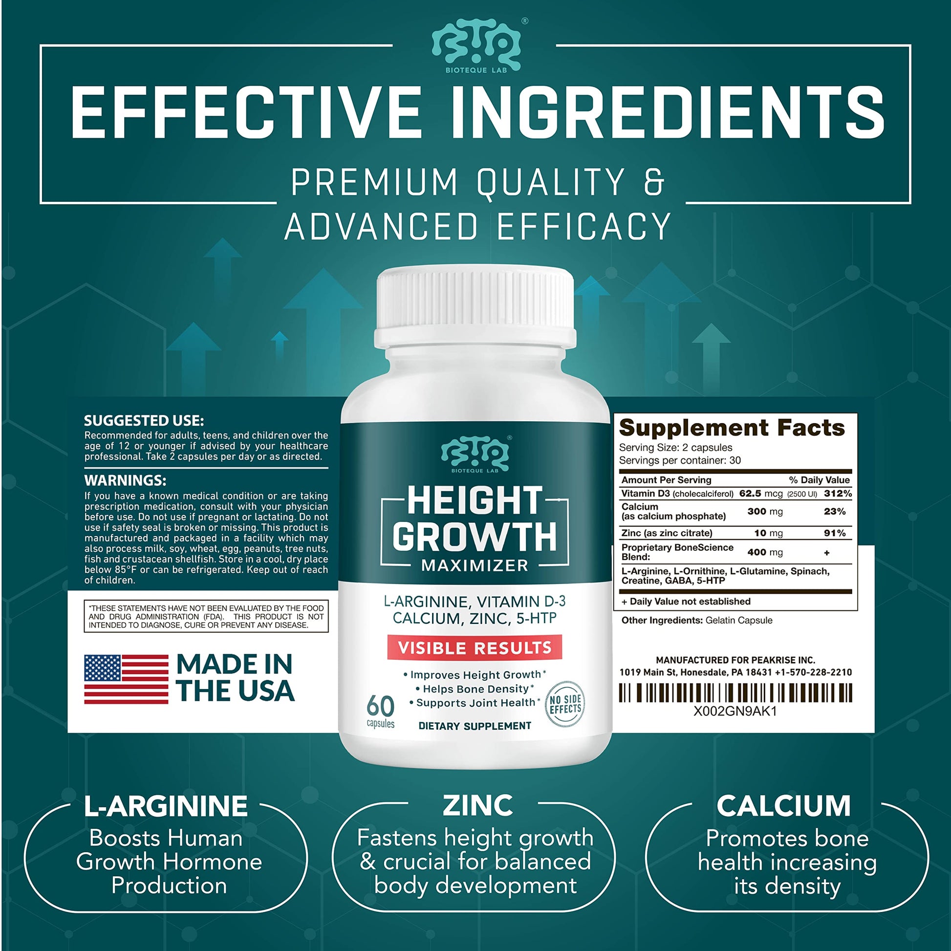 BIOTEQUELAB Height Growth Maximizer, Calcium, Vitamin D3 and Zinc Blend Pills, Bone Growth Supplement for Kids and Teens, Bone Strength, Density Support, GMO-Free, Gluten-Free, Made in USA, 60 Caps BTQ BIOTEQUE LABAu supplements