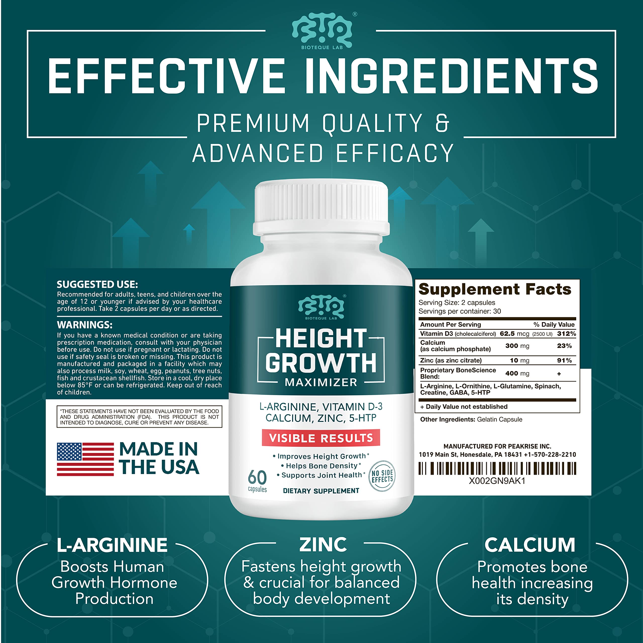BIOTEQUELAB Height Growth Maximizer, Calcium, Vitamin D3 and Zinc Blend Pills, Bone Growth Supplement for Kids and Teens, Bone Strength, Density Support, GMO-Free, Gluten-Free, Made in USA, 60 Caps BTQ BIOTEQUE LABAu supplements