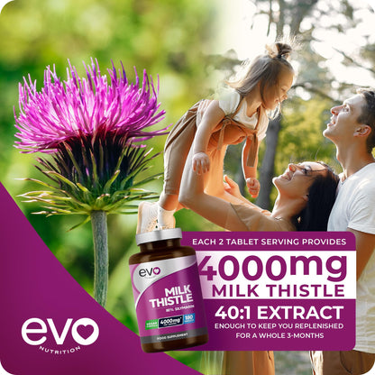 Milk Thistle Tablets 4000mg | 80% Silymarin | 180 Tablets | High Strength Vegan Supple EVO NUTRITIONUS supplements