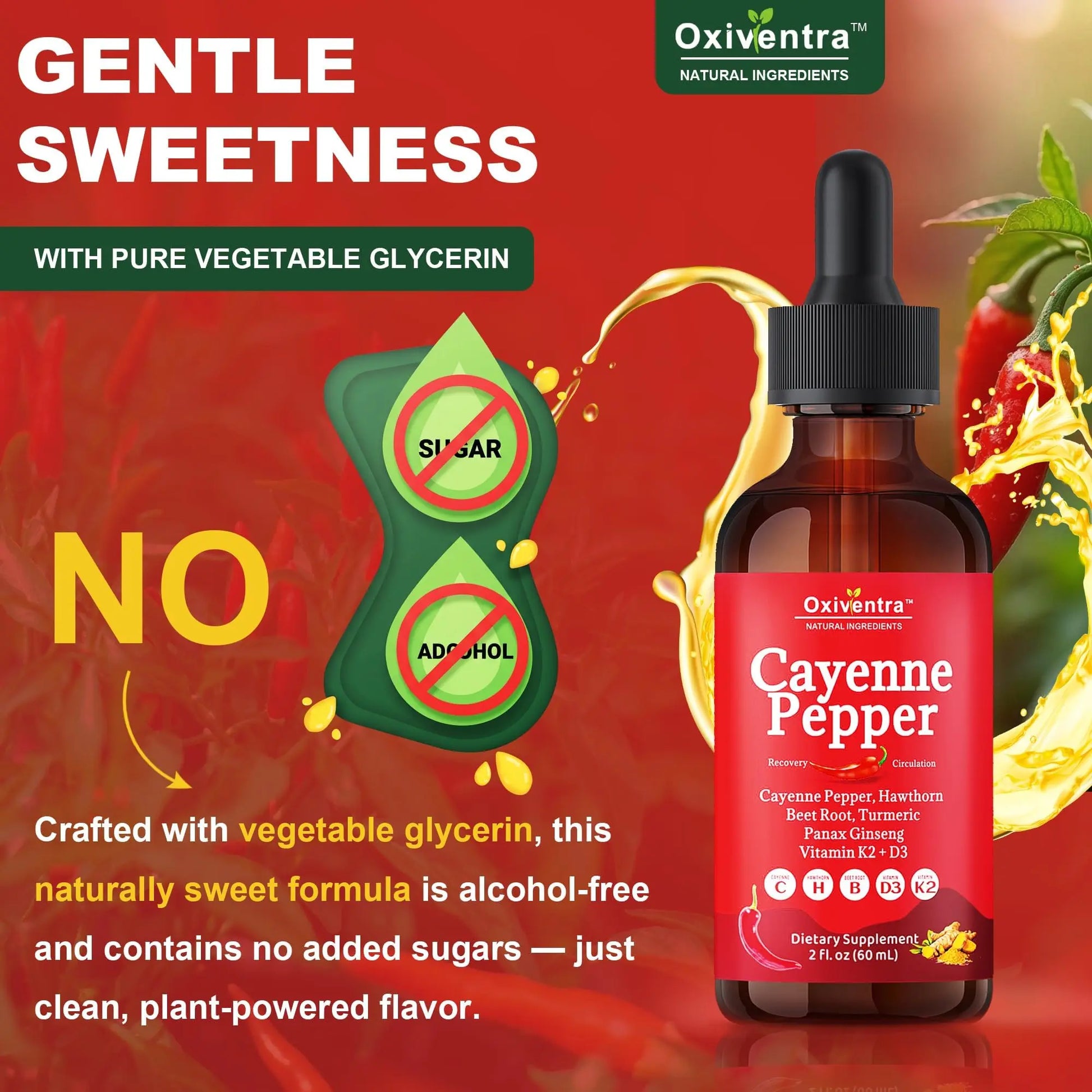 Cayenne Pepper Drops Liquid Supplement Smooth & Sweet Herbal Liquid + Hawthorn Berry, Vitamin D3 K2 Beet Root Powder, Ceylon Cinnamon, Turmeric Curcumin, Organic Panax Ginseng - 2fl oz Oxiventranz supplements