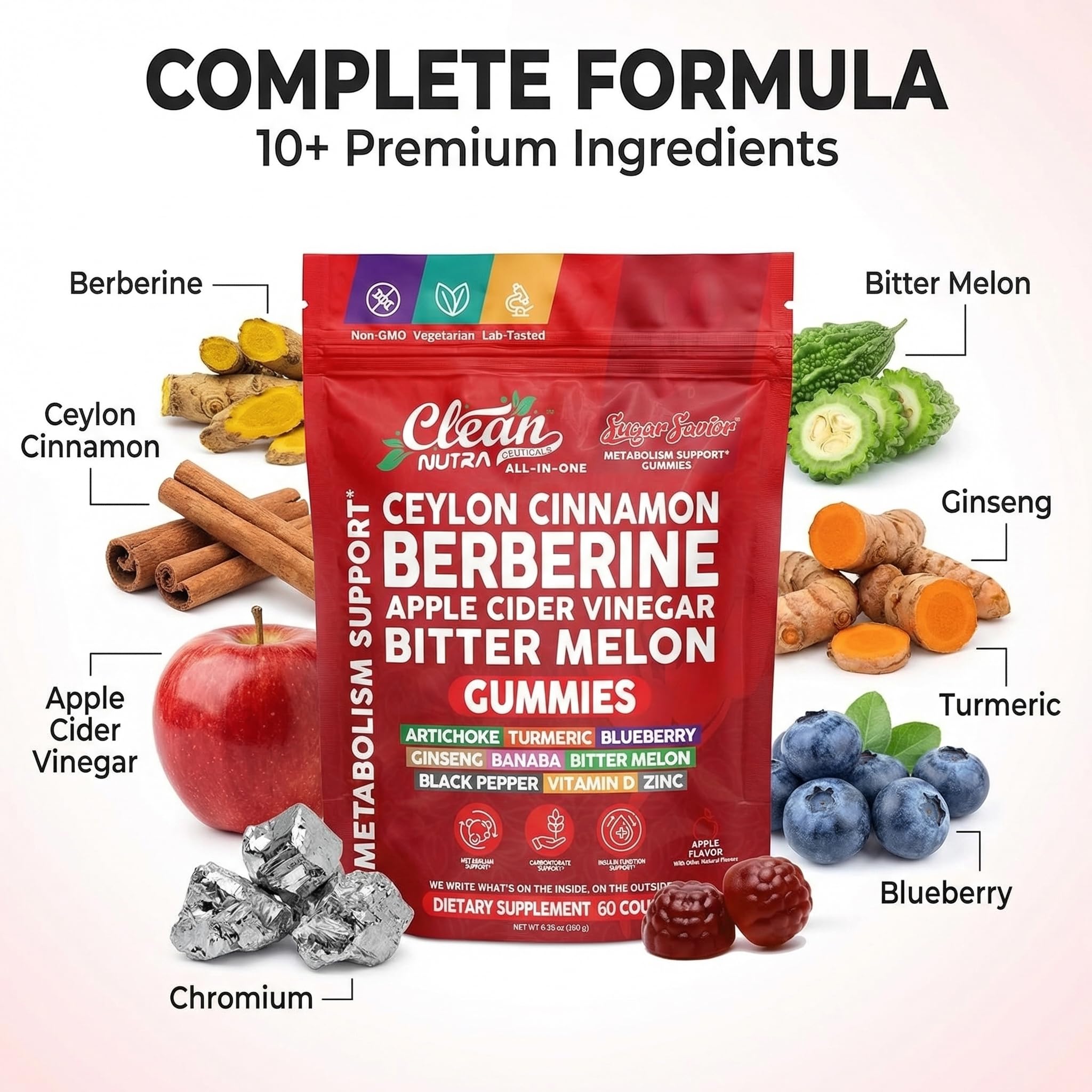 Sugar Savior Ceylon Cinnamon Berberine Gummies Apple Cider Vinegar Artichoke Turmeric Blueberry Ginseng Banaba Bitter Melon Black Pepper Vitamin D Zinc GLP1 Gummies 60 Count by Clean Nutra Clean NutraceuticalsAu supplements