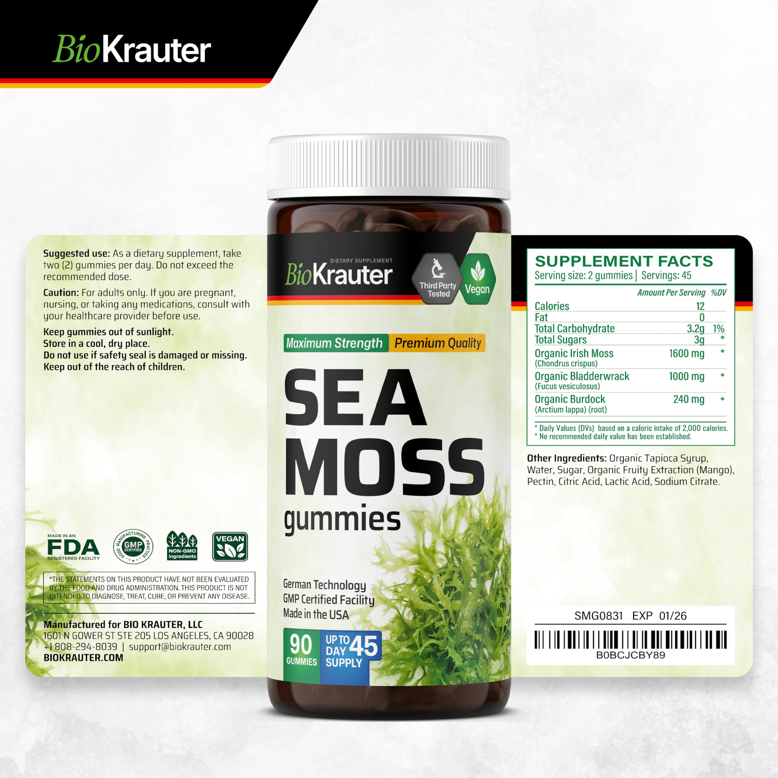 BIO KRAUTER® 3-in-1 Sea Moss for Thyroid Support - Vegan Sea Moss Gummies with Bladderwrack & Burdock Root for Women & Men - 90 Gummies Chondrus Crispus Formula, 45 Days of Supply, Mango Flavor BIO KRAUTERAu supplements