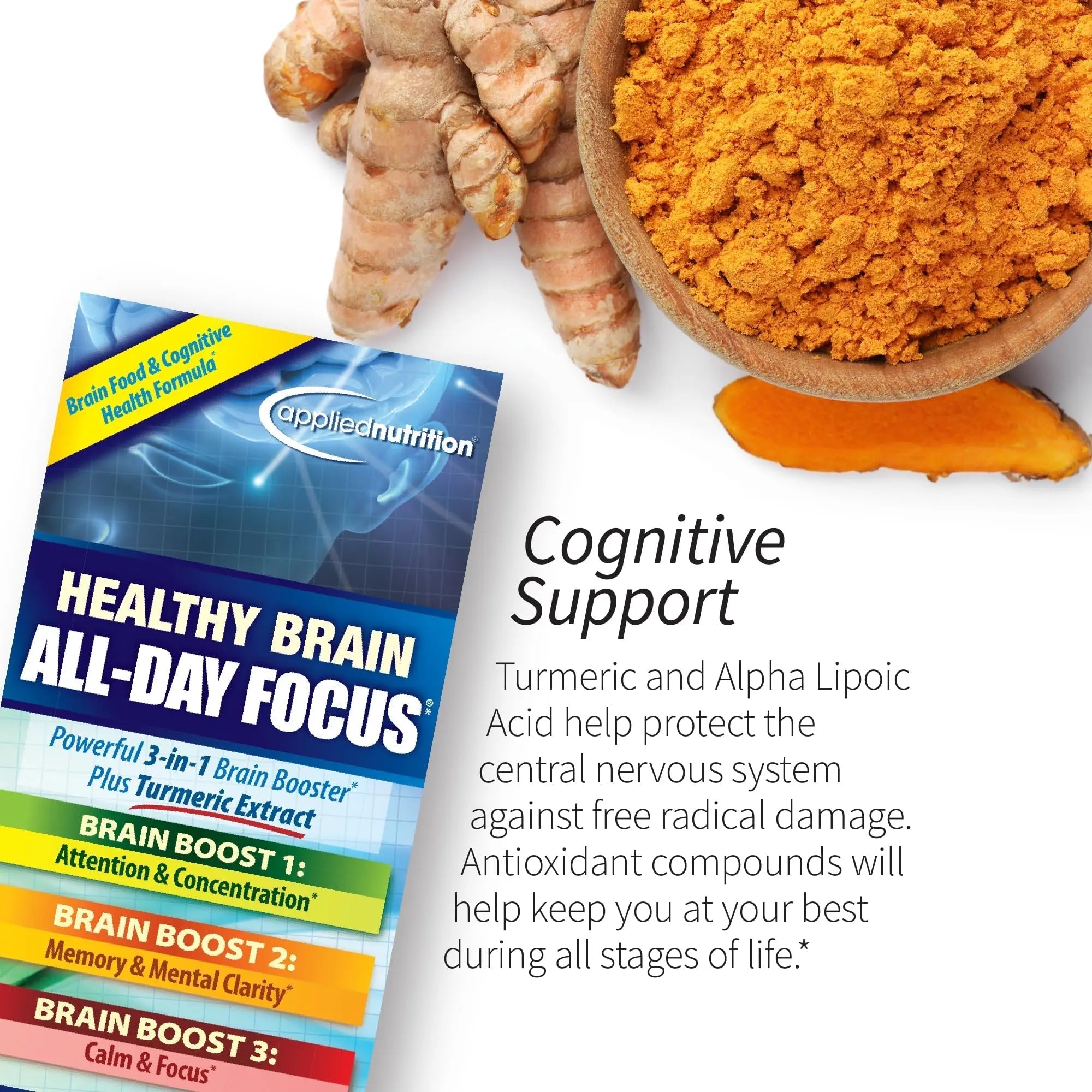 Applied Nutrition Healthy Brain All-Day Focus - 50 Tablets - Powerful 3-in-1 Brain Booster with Turmeric Extract - 25 Servings Applied NutritionAu supplements