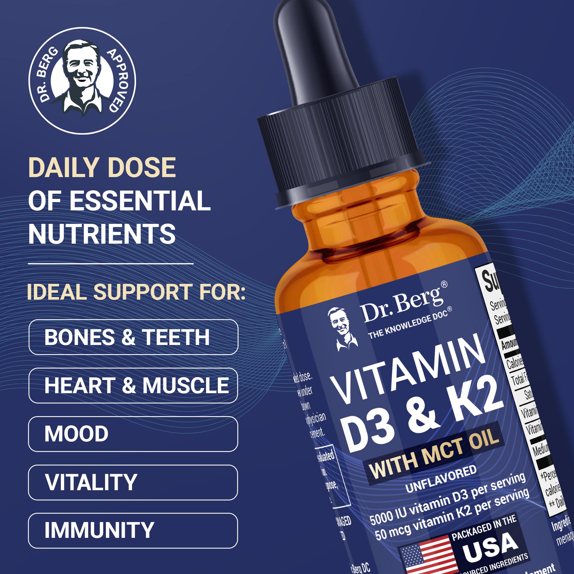 Dr. Berg Maximum Strength Vitamin D3 K2 Liquid Drops with MCT Oil – 5,000 IU Liquid Vitamin D3 with K2 – Supports Strong Bones, Heart, Energy, Immunity, and Overall Vitality* - Unflavored 1 Fl Oz Dr. Berg NutritionalsAu supplements