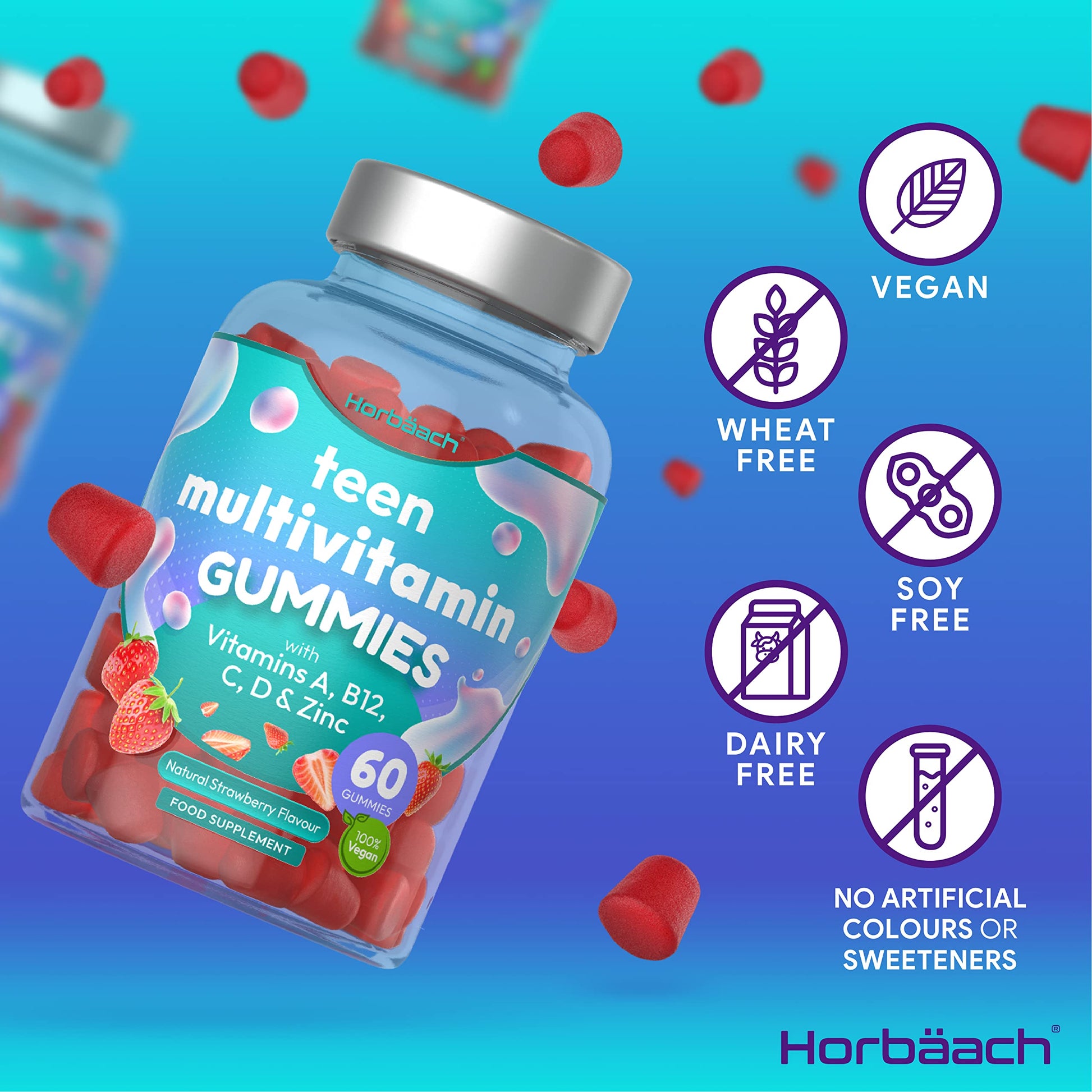 Multivitamins for Teens | 60 Vegan Gummies | 14 Essential Nutrients | with Vitamin A, B12 HorbäachUS supplements