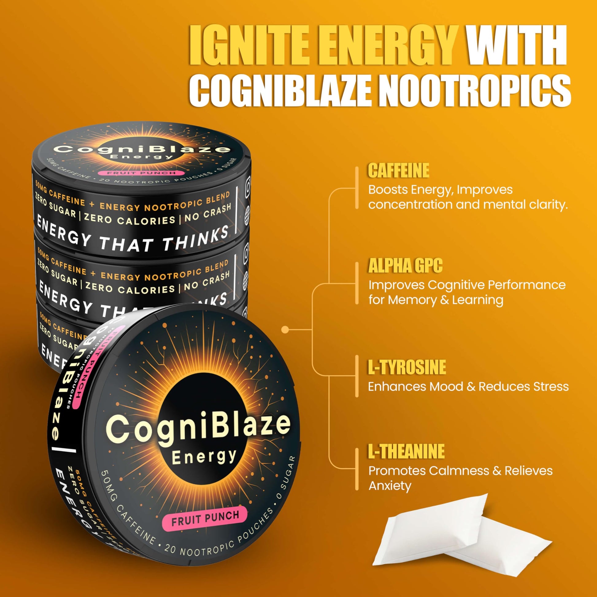 CogniBlaze Caffeine Pouches (Fruit Punch) | Nootropic Energy Pouches with 50mg Caffeine, Alpha GPC, L-Tyrosine & L-Theanine | Zero Sugar | No Artificial Sweeteners | 4 Pack (80 Total) CogniBlazeAu supplements