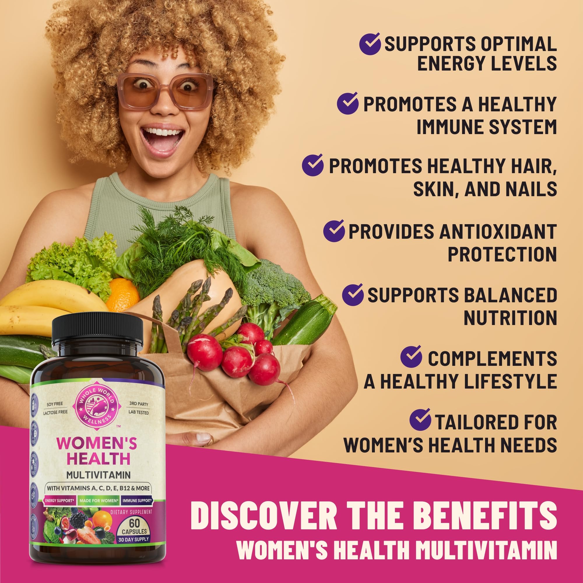 Womens Daily Multivitamins & Multimineral Supplement for Energy, Mood, Focus, Hair WHOLE WORLD WELLNESSUS supplements