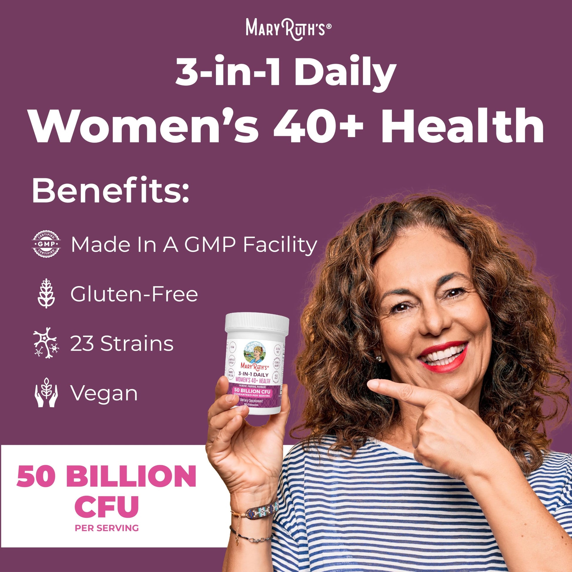 MaryRuth's 3-in-1 Daily Health 40+ Probiotics for Women | Hormonal & Menopause Support Supplement for Women | Gut Health Capsules | 50 Billion CFU | Allergen Free | 30 Ct MARYRUTH'SAu supplements