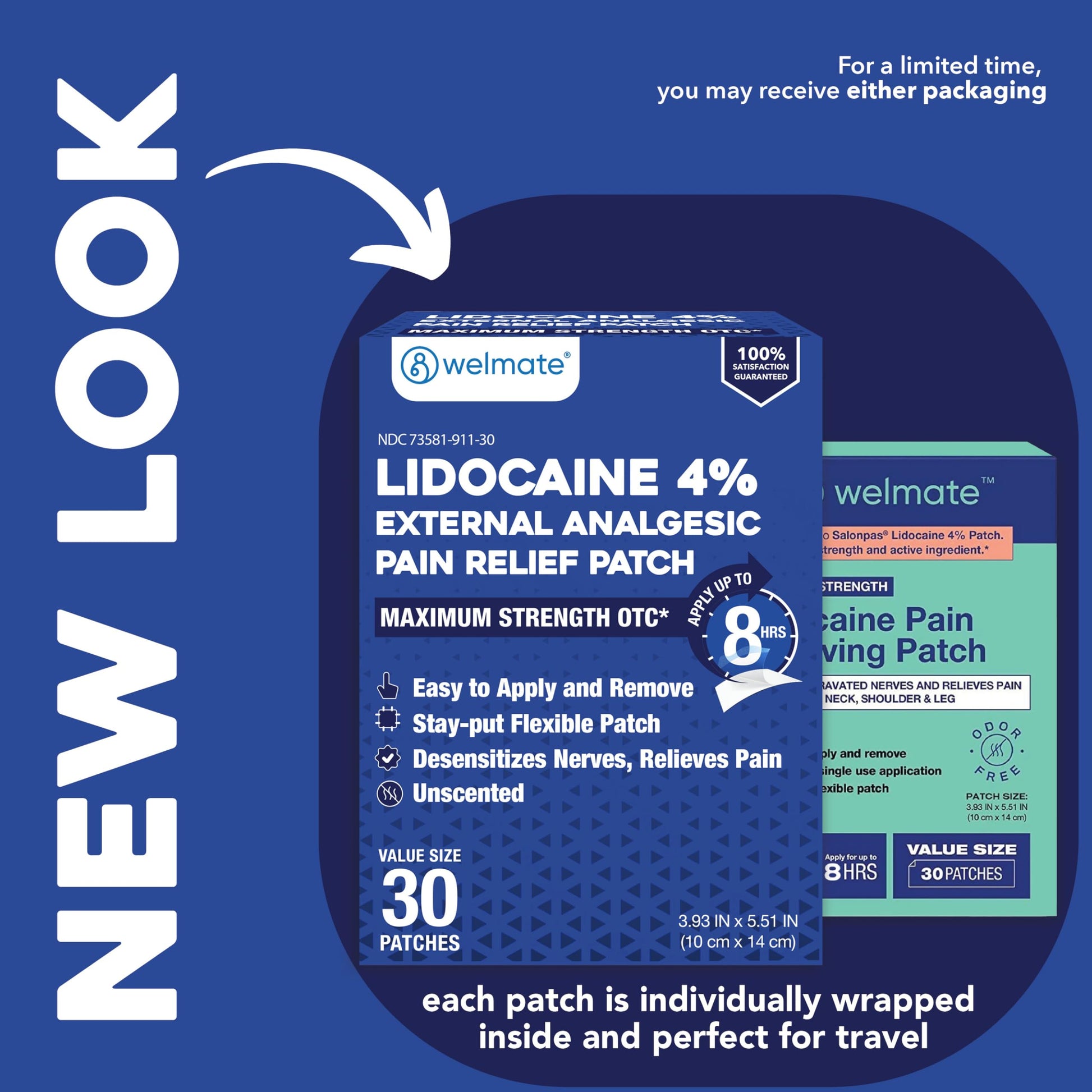 WELMATE - 4% Lidocaine Numbing Patch - Maximum Strength - Temporary Relief of Pain, Back, Neck, Shoulders, Knees, Elbows, Minor Skin Irritations - Topical Analgesic Unscented - 30 ct WELMATEAu supplements