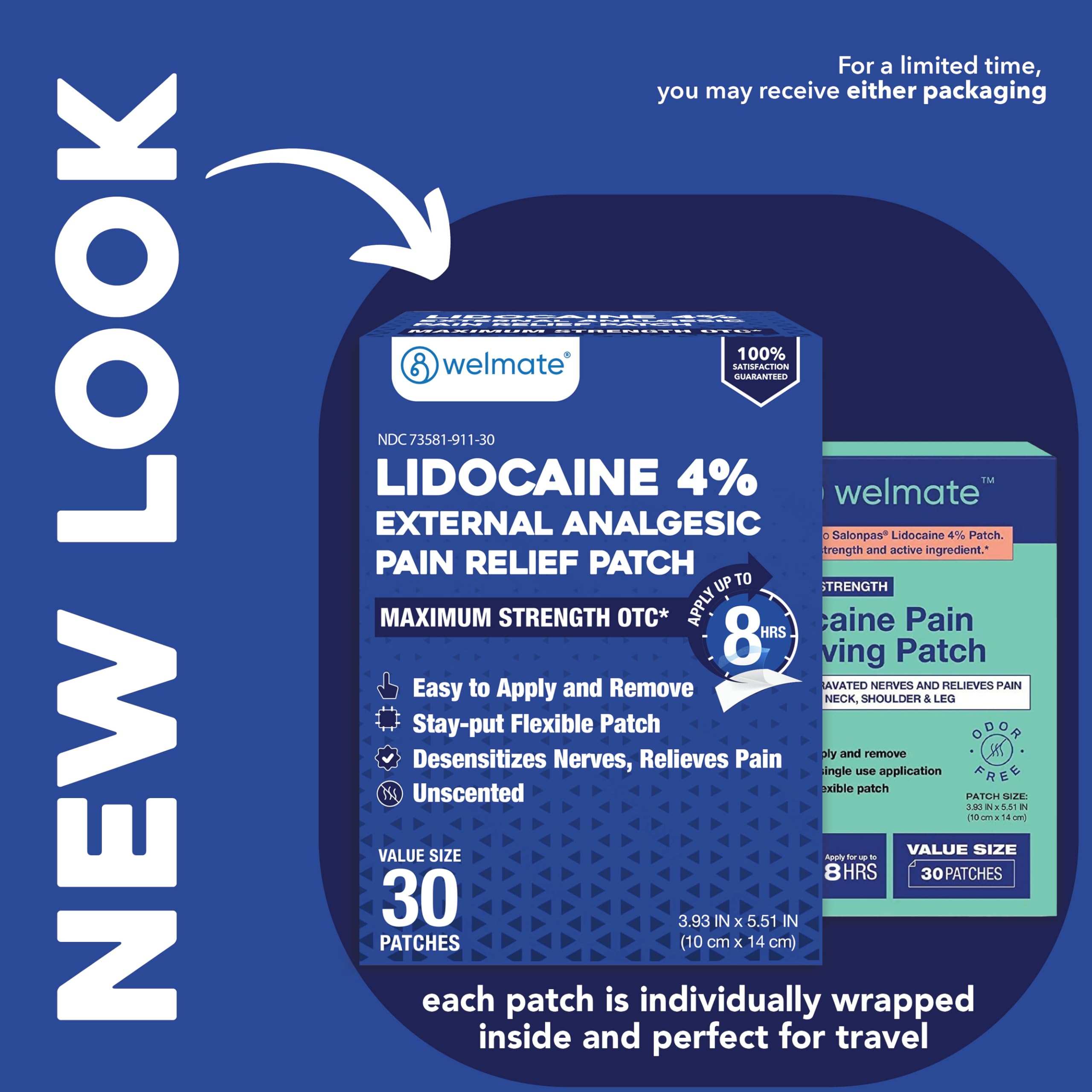 WELMATE - 4% Lidocaine Numbing Patch - Maximum Strength - Temporary Relief of Pain, Back, Neck, Shoulders, Knees, Elbows, Minor Skin Irritations - Topical Analgesic Unscented - 30 ct WELMATEAu supplements