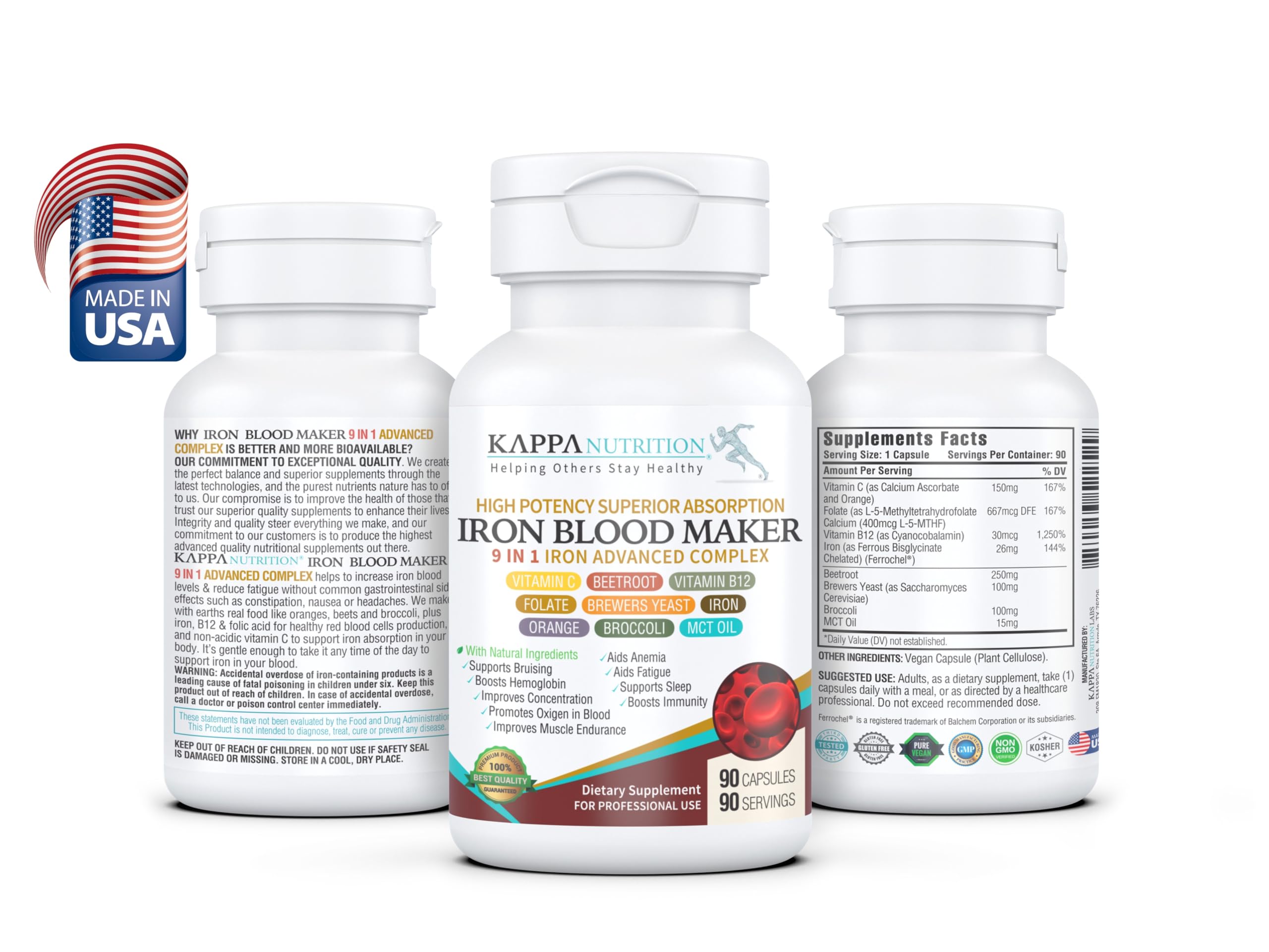 KAPPA NUTRITION Iron 26mg, Vitamin C & Orange 150mg, Folate 667mcg DFE, Vitamin B12, Beetroot, Brewers Yeast, Broccoli & MCT Oil 9 in 1 Advanced Complex (90 Capsules) KAPPA NUTRITIONAu supplements