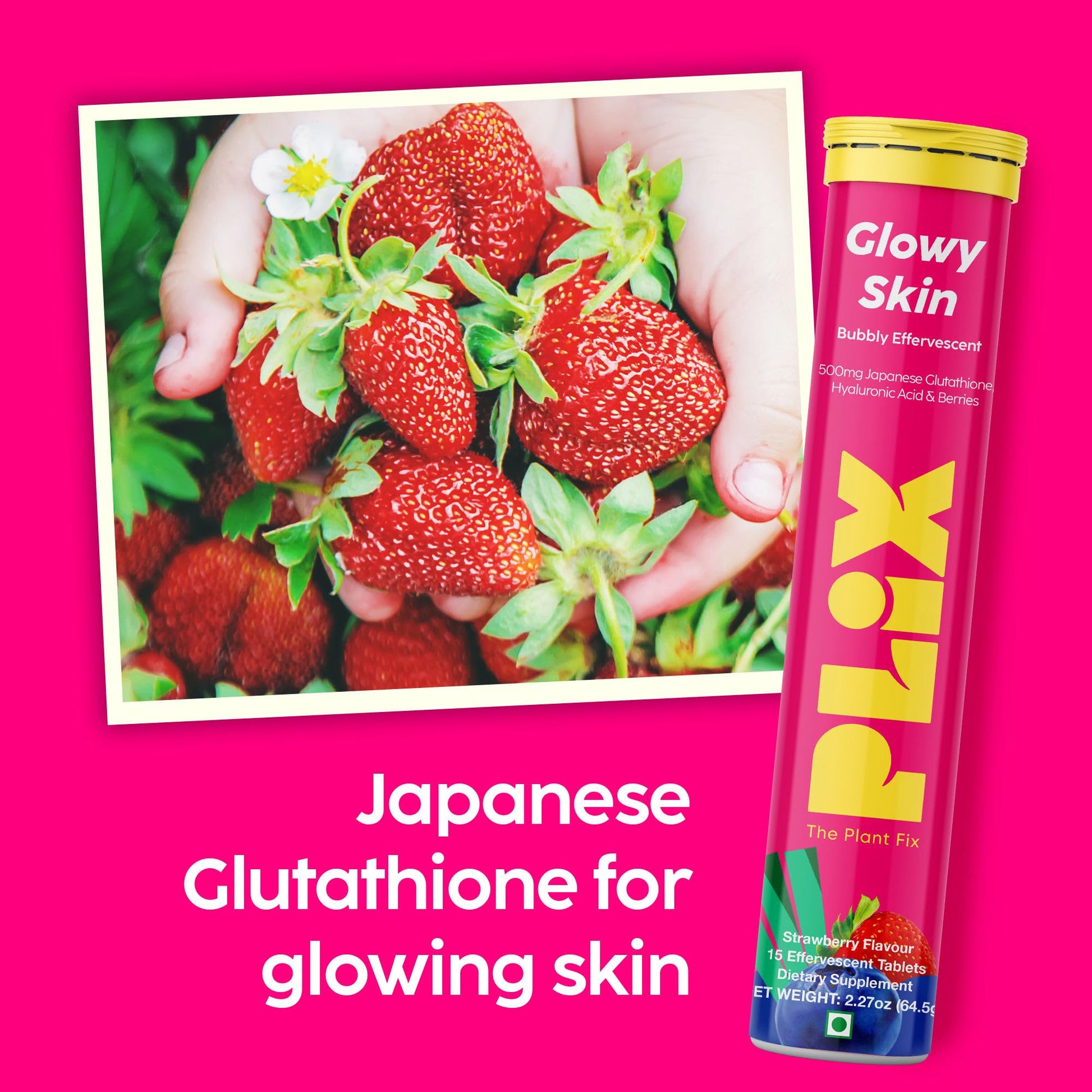 PLIX Glowy Skin 500mg Glutathione Supplement with Hyaluronic Acid, Vitamin C, E & Berries | 30 Effervescent Tablets, Strawberry Flavor PLIX - THE PLANT FIXAu supplements