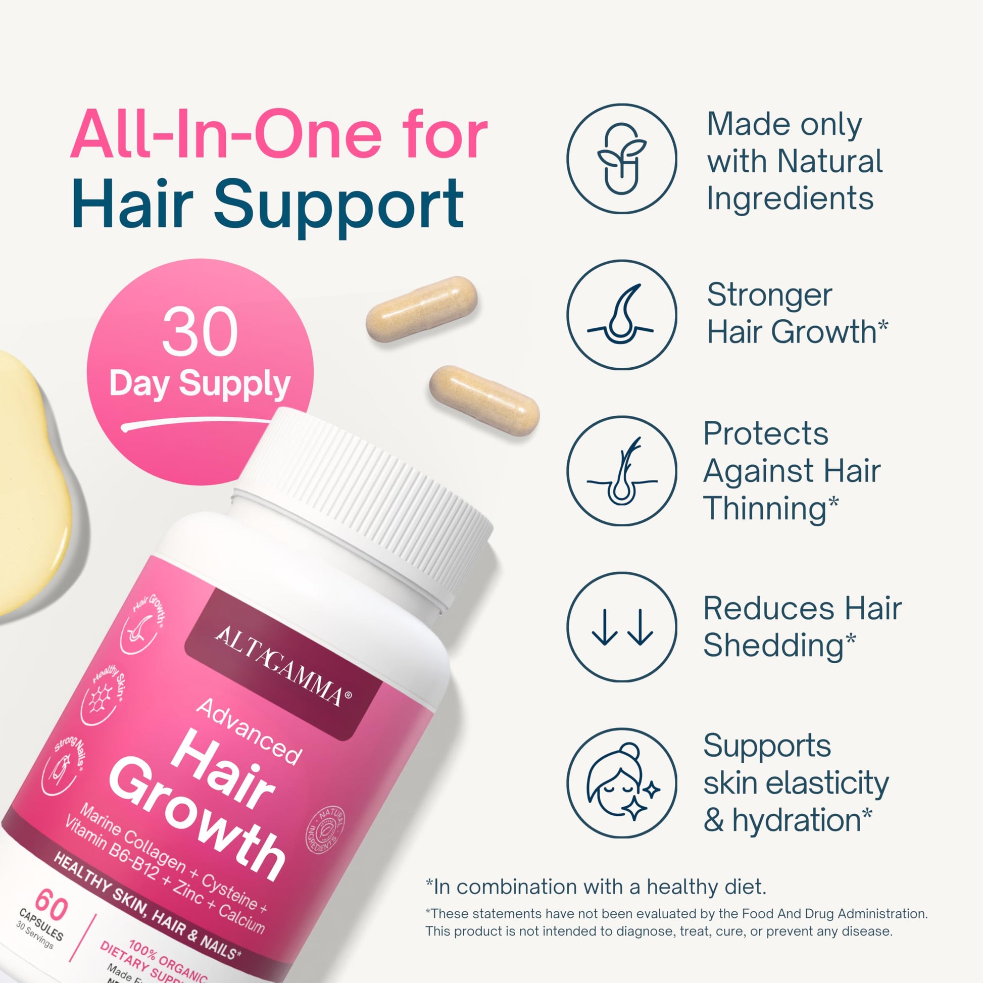 ALTAGAMMA Hair Growth Supplements - Nourishes Thinning, Strengthen Nails & Skin & Combat Hair Loss - Hair Growth Vitamins for Women & Men with Marine Collagen Peptides, 60 Capsules | 30 Day Supply ALTAGAMMAAu supplements