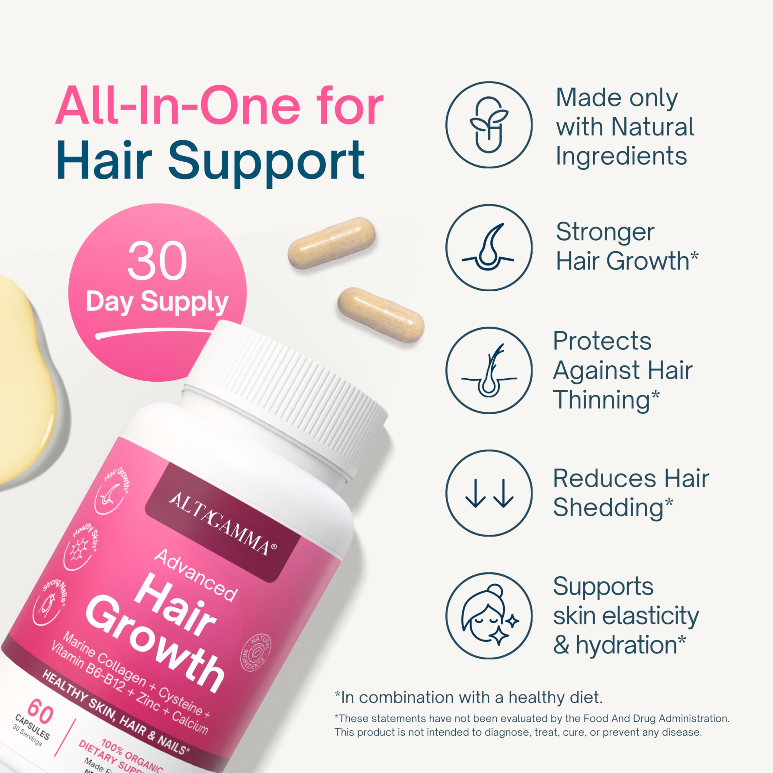 ALTAGAMMA Hair Growth Supplements - Nourishes Thinning, Strengthen Nails & Skin & Combat Hair Loss - Hair Growth Vitamins for Women & Men with Marine Collagen Peptides, 60 Capsules | 30 Day Supply ALTAGAMMAAu supplements