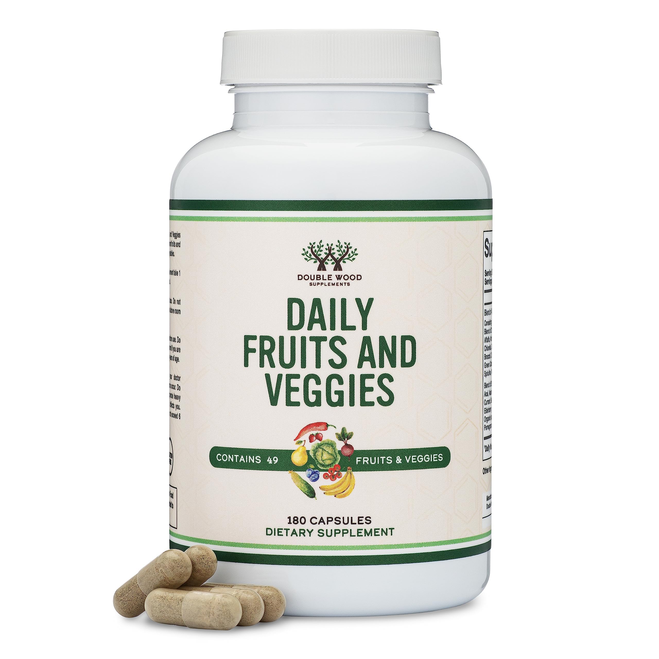 Fruits and Veggies Supplement (Daily Blend of 49 Different Fruits and Vegetables, 23 Veggies and 29 Fruits) 1,500mg Servings, 180 Capsules (No Fillers, Vegan Safe, Non-GMO) by Double Wood Double Wood SupplementsAu supplements