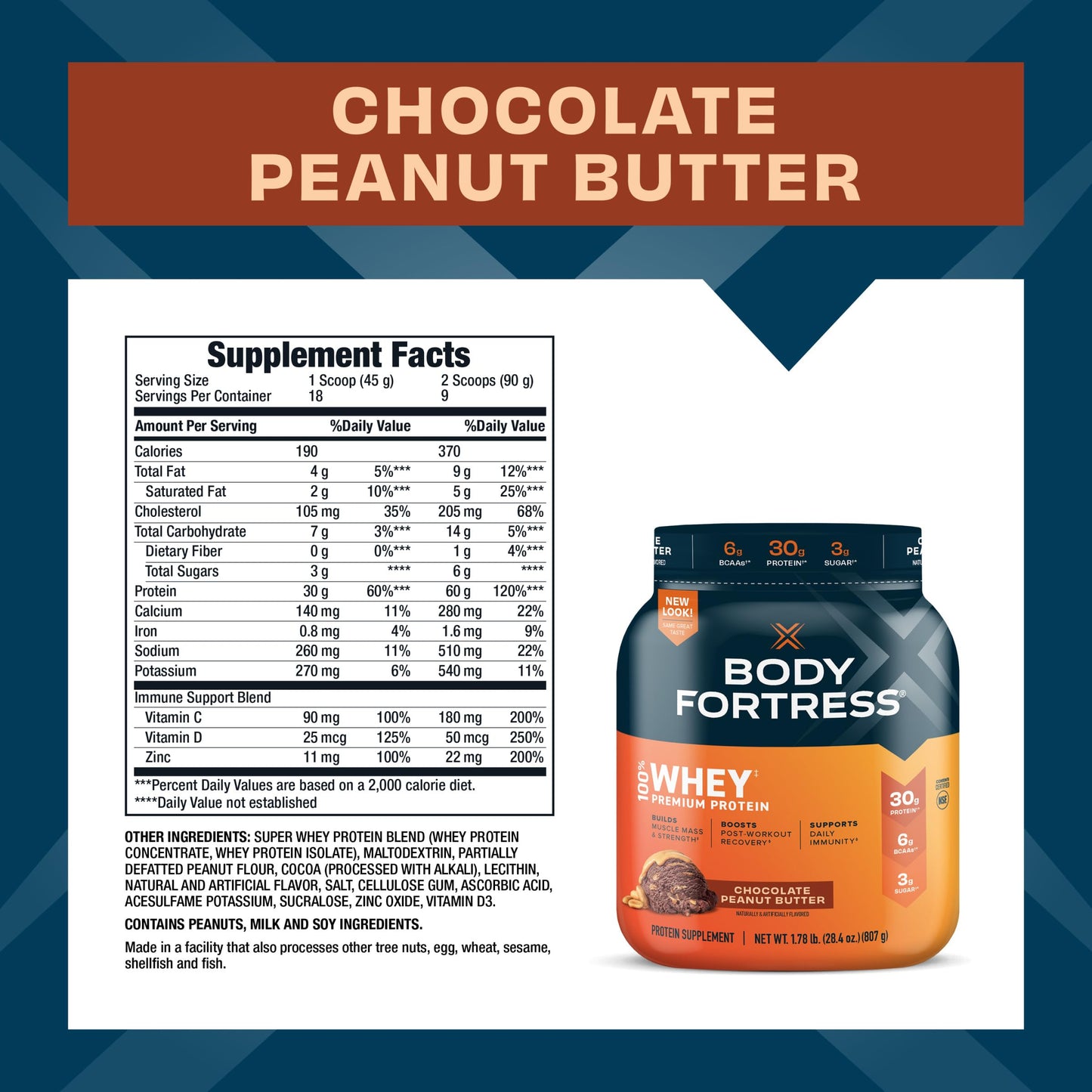 Body Fortress 100% Whey, Premium Protein Powder, Chocolate Peanut Butter, 1.78lbs Body FortressUS supplements