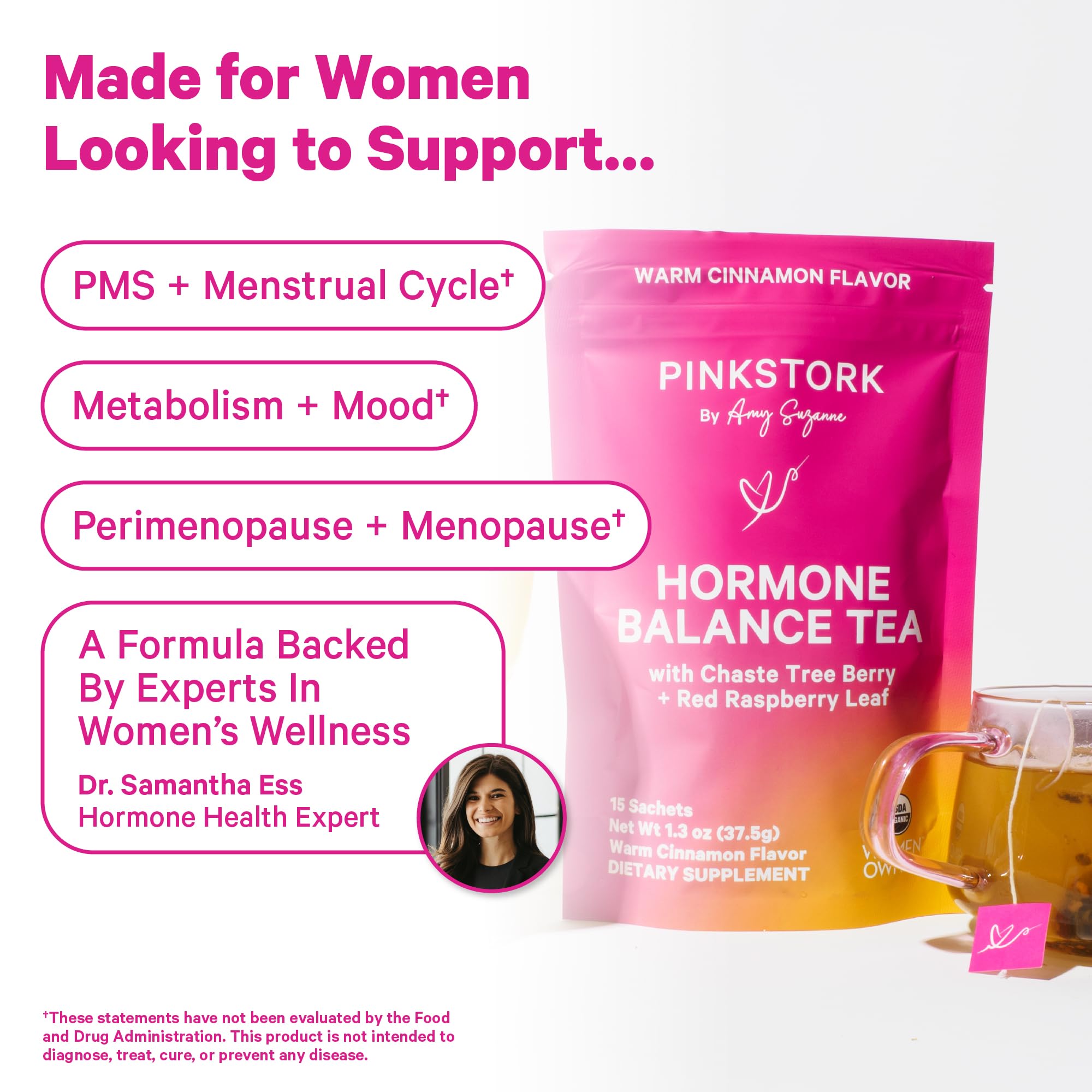 Pink Stork Hormone Balance Tea for Women – Red Raspberry Leaf & Chasteberry (Vitex) – Organic Herbal Tea for PMS, Menstrual Cycle & Perimenopause Support – Caffeine-Free Cinnamon Blend – 30 Cups Pink StorkAu supplements