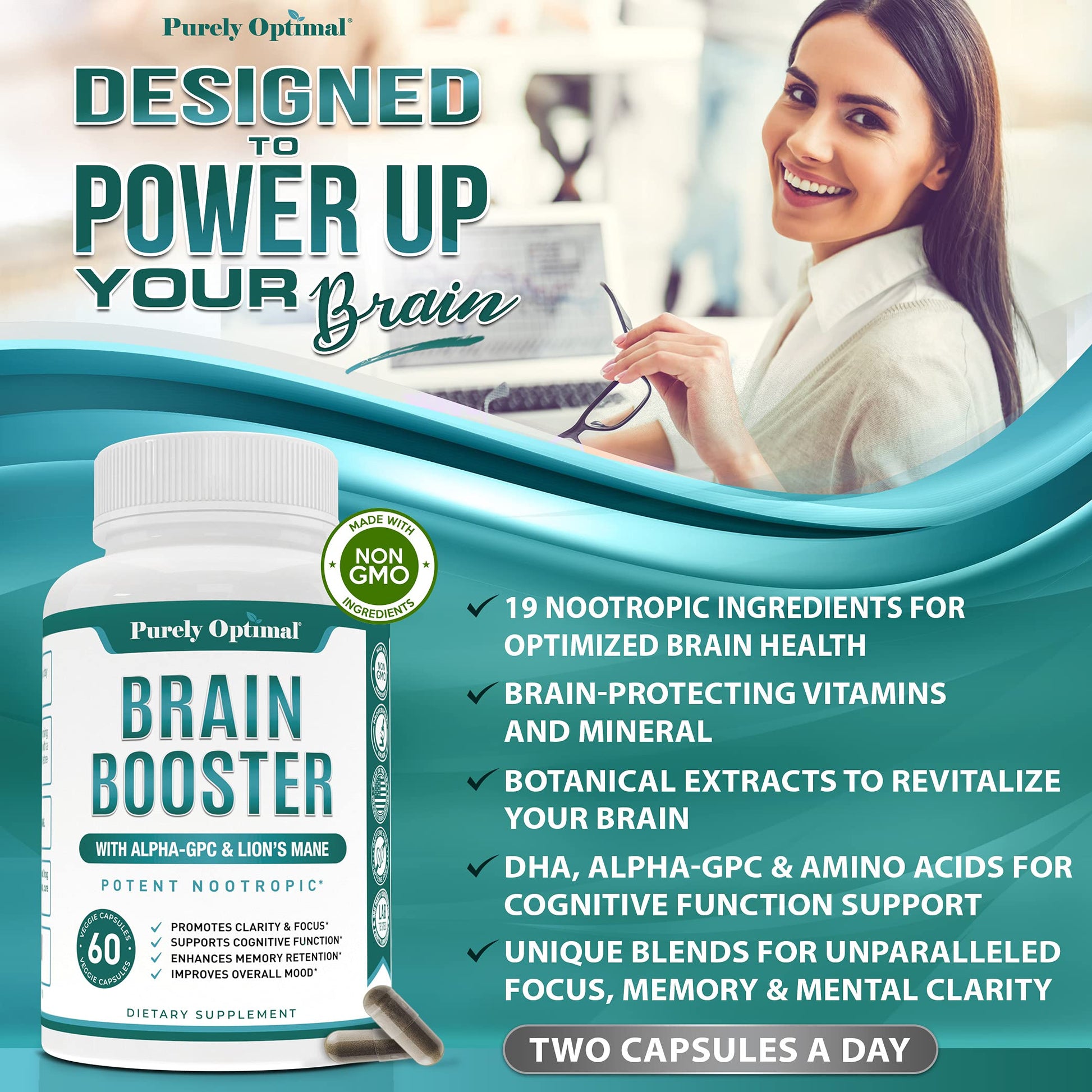 Premium Brain Supplement - Nootropic Brain Booster for Focus, Clarity, Improved Memory Purely OptimalUS supplements