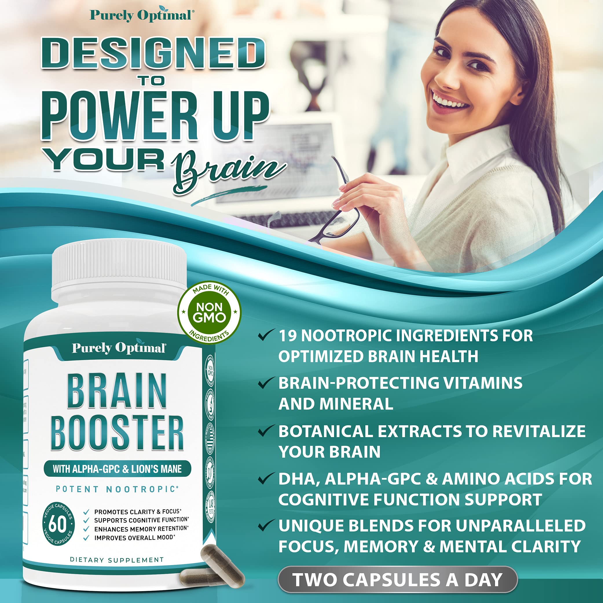 Premium Brain Supplement - Nootropic Brain Booster for Focus, Clarity, Improved Memory Purely OptimalUS supplements
