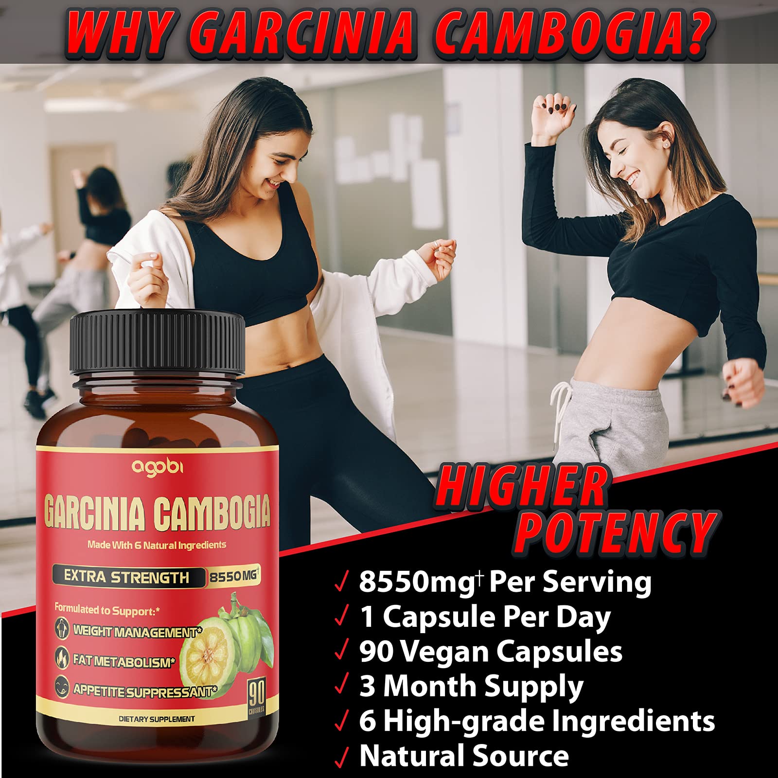 agobi Pure Garcinia Cambogia Capsules 8550mg - 6in1 with Green Tea, Arjuna, Garlic Bulb agobiUS supplements