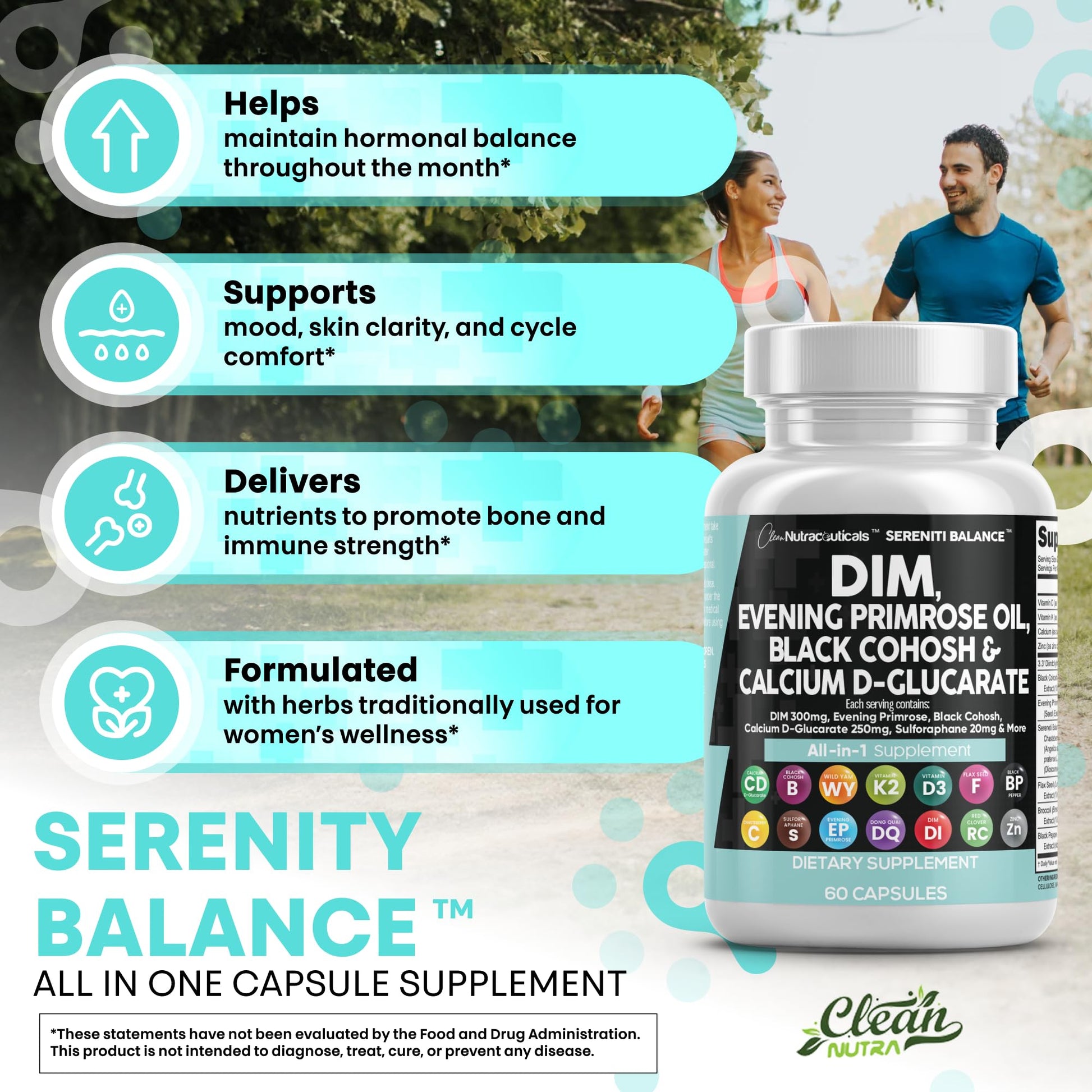 Clean Nutraceuticals DIM Evening Primrose Black Cohosh Calcium D-Glucarate Sulforaphane Flax Seed Extract - Hormonal Support Vitamins for Women with Dong Quai - 60 Caps Clean NutraceuticalsAu supplements