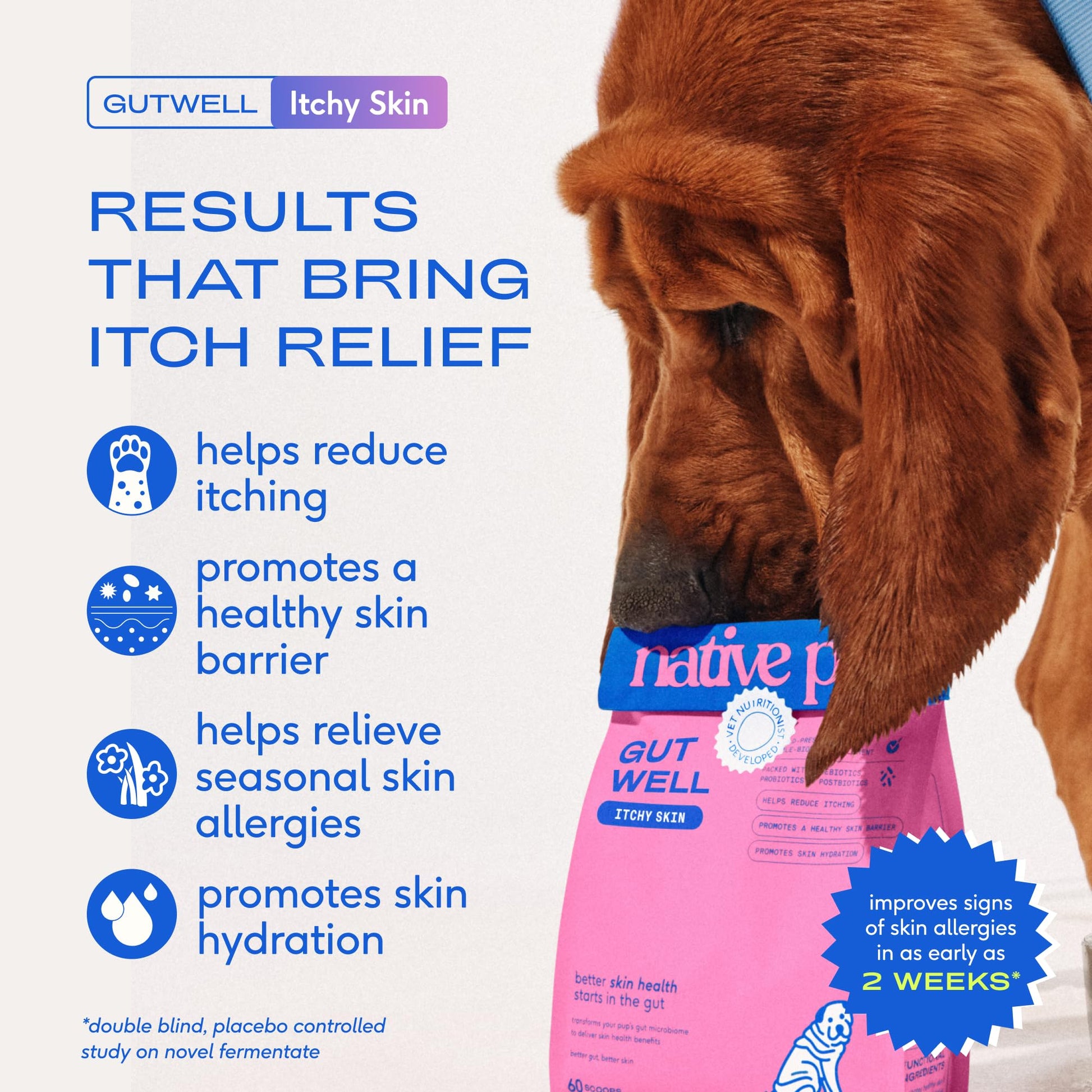 GutWell Itchy Skin - Dog Itching Skin Relief & Seasonal Allergy Itch Relief for Dogs - Promotes Skin Hydration, Elasticity & Healthy Barrier with Triple-biotic Blend, Zinc, & Vitamin E - 60 Scoops Native PetAu supplements