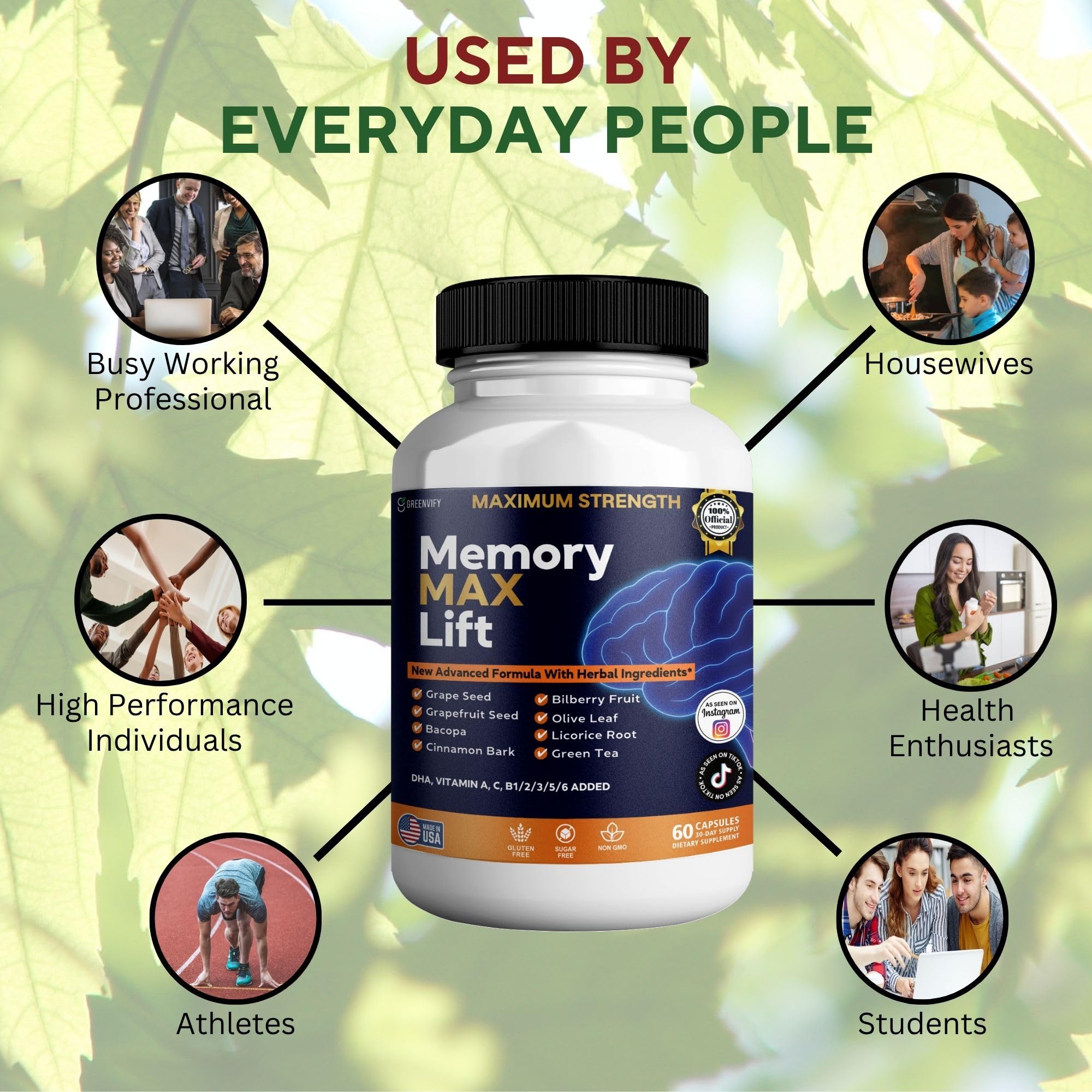 GREENVIFY Memory MAX Lift Brain Support Supplement, 60 Capsules, with Vitamins and Herbal Blend, 30 Day Supply (1) GREENVIFYAu supplements