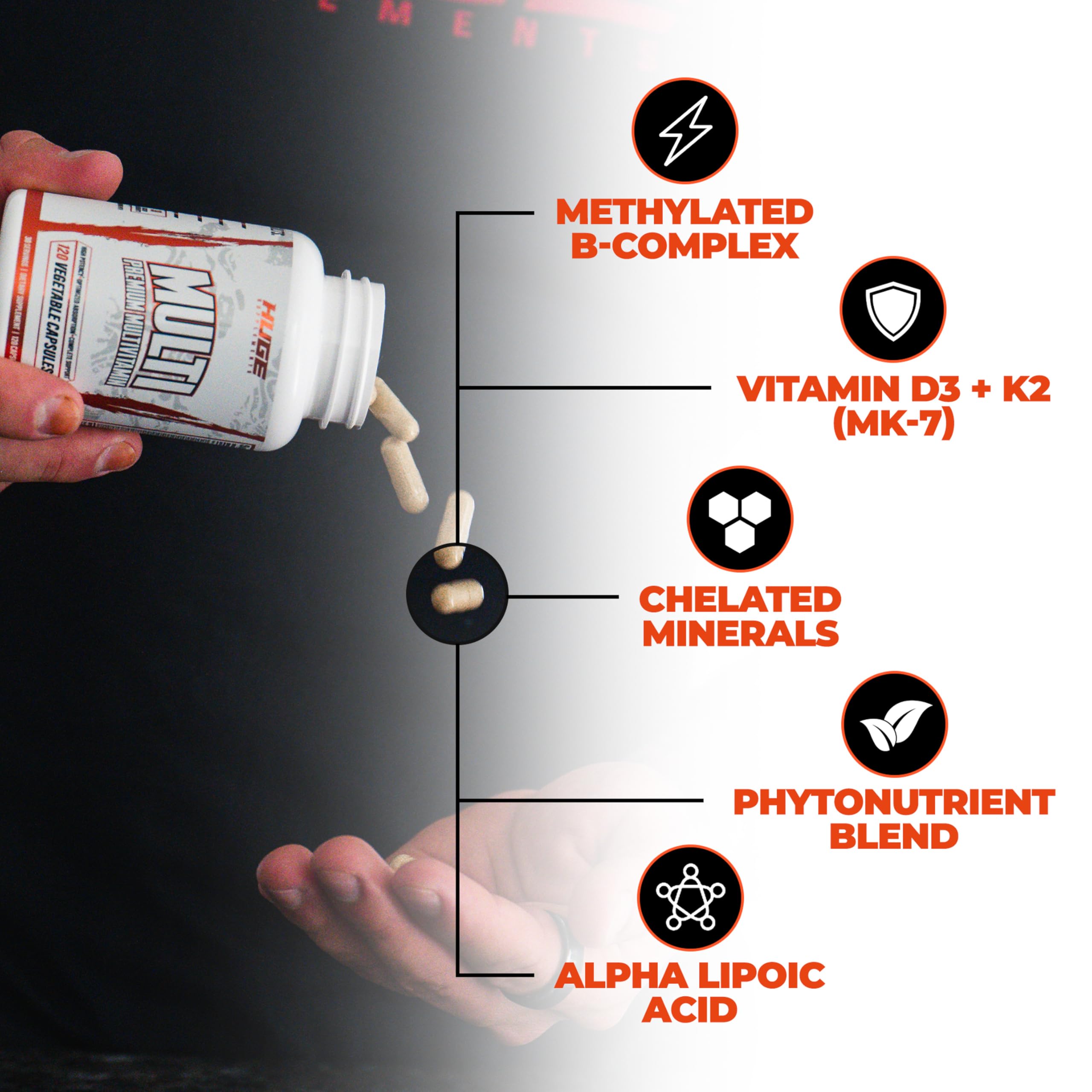 Huge Multi, Multivitamin for Men, High-Performance All-in-One Formula for Athletes & Bodybuilding, Vitamin & Mineral Replenishment, Supports Immune System & Healthy Hormone Levels (120 Capsules) Huge SupplementsAu supplements