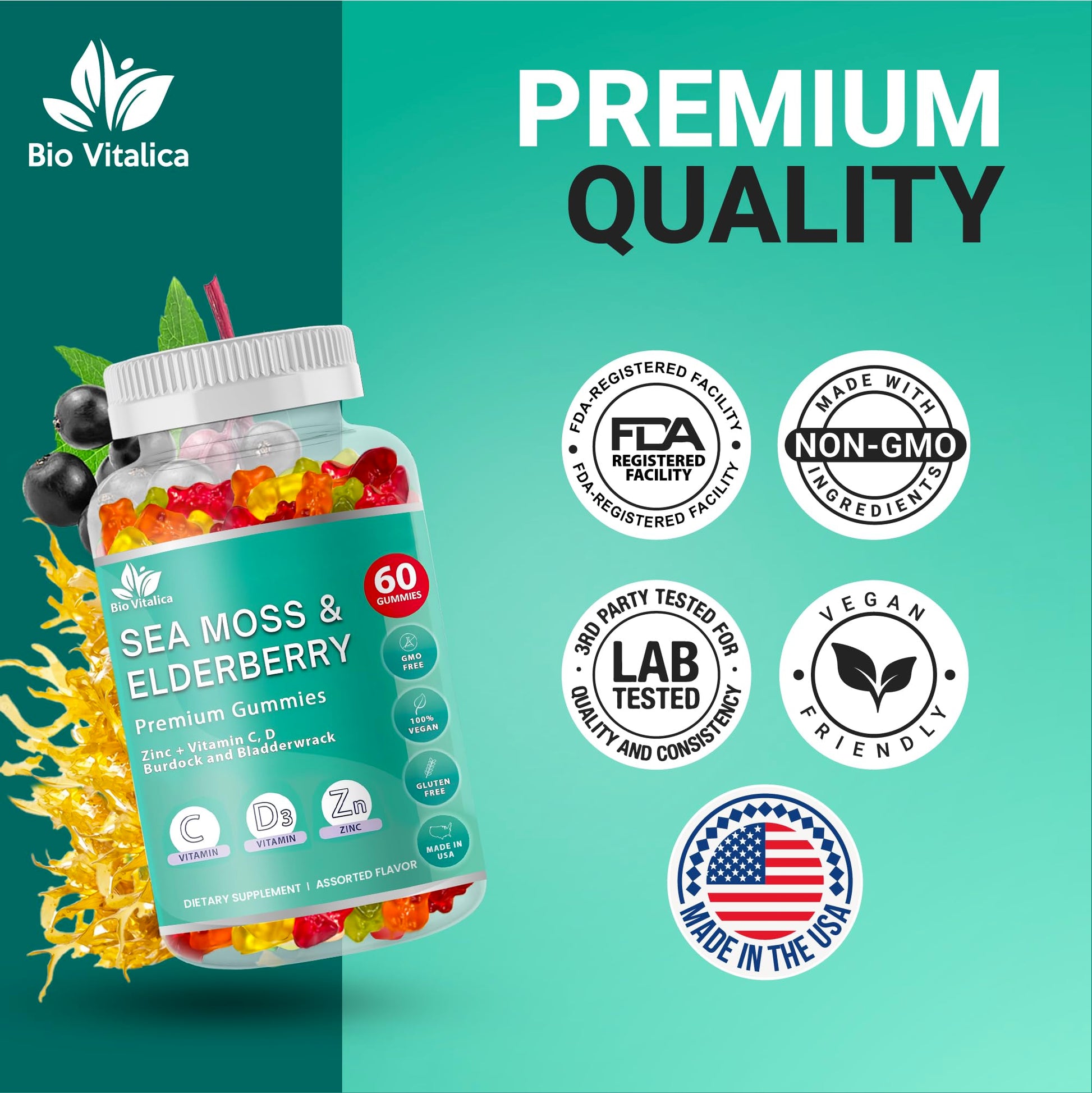 BIO VITALICA Irish Sea Moss Gummies with Elderberry – USA Made Vegan Gummies with Vitamin C, D & Zinc – Immune Support Supplement with Bladderwrack & Burdock Root for Adults & Kids – 3 Packs BIO VITALICAAu supplements
