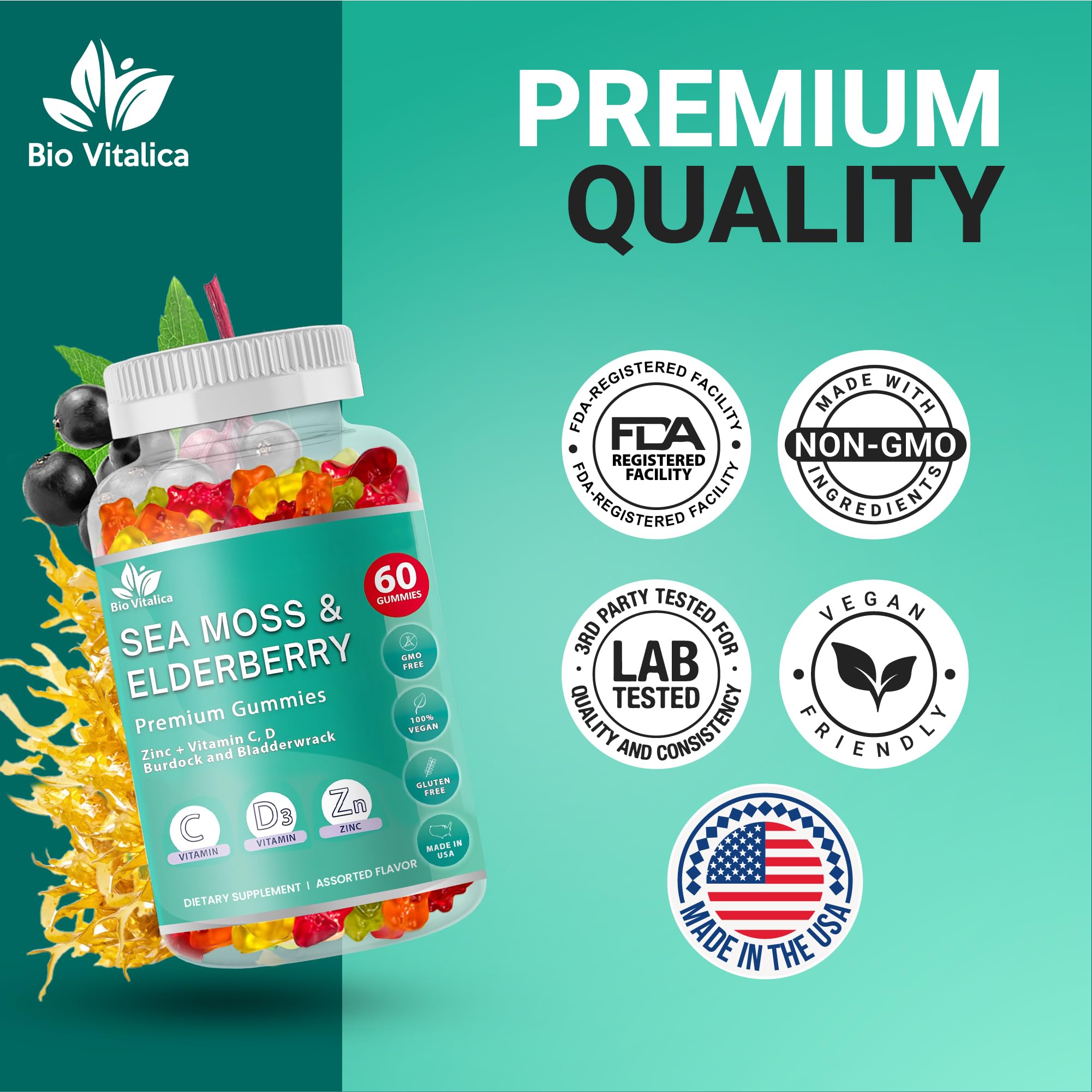 BIO VITALICA Irish Sea Moss Gummies with Elderberry – USA Made Vegan Gummies with Vitamin C, D & Zinc – Immune Support Supplement with Bladderwrack & Burdock Root for Adults & Kids – 3 Packs BIO VITALICAAu supplements