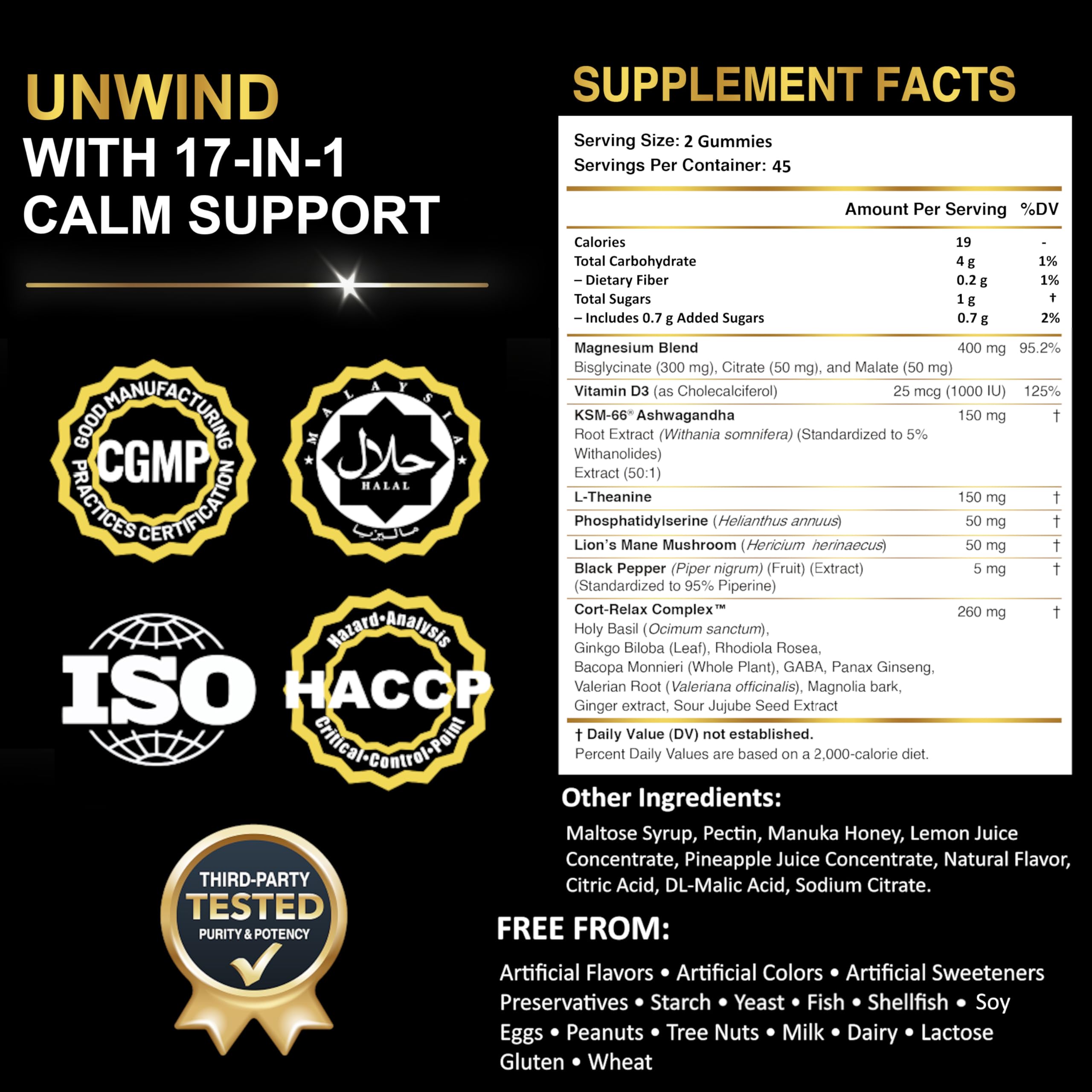 DLNIA Magnesium Glycinate Stress & Cortisol Support Gummies | Calm Focus by Day, Deep Sleep by Night | 17-in-1 with KSM-66® Ashwagandha, L-Theanine & Lion’s Mane DLNIAAu supplements