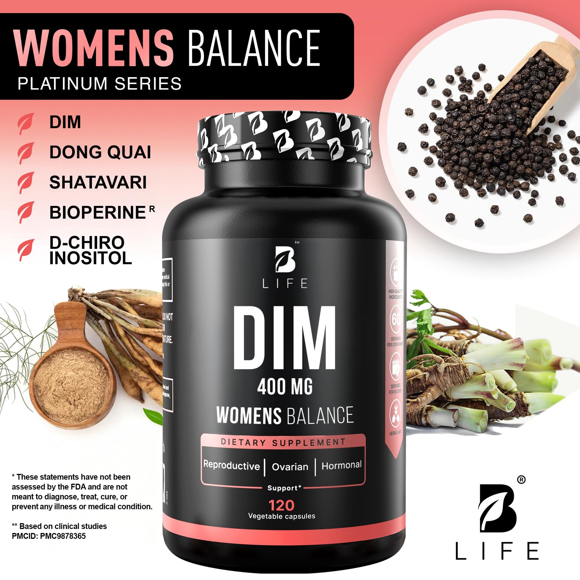 B Life Company DIM Supplement 400 mg with Myo & D-Chiro Inositol, Dong Quai – Hormone Balance for Women – Fertility Supplements – Inositol Supplement - 120 Caps B Life CompanyAu supplements