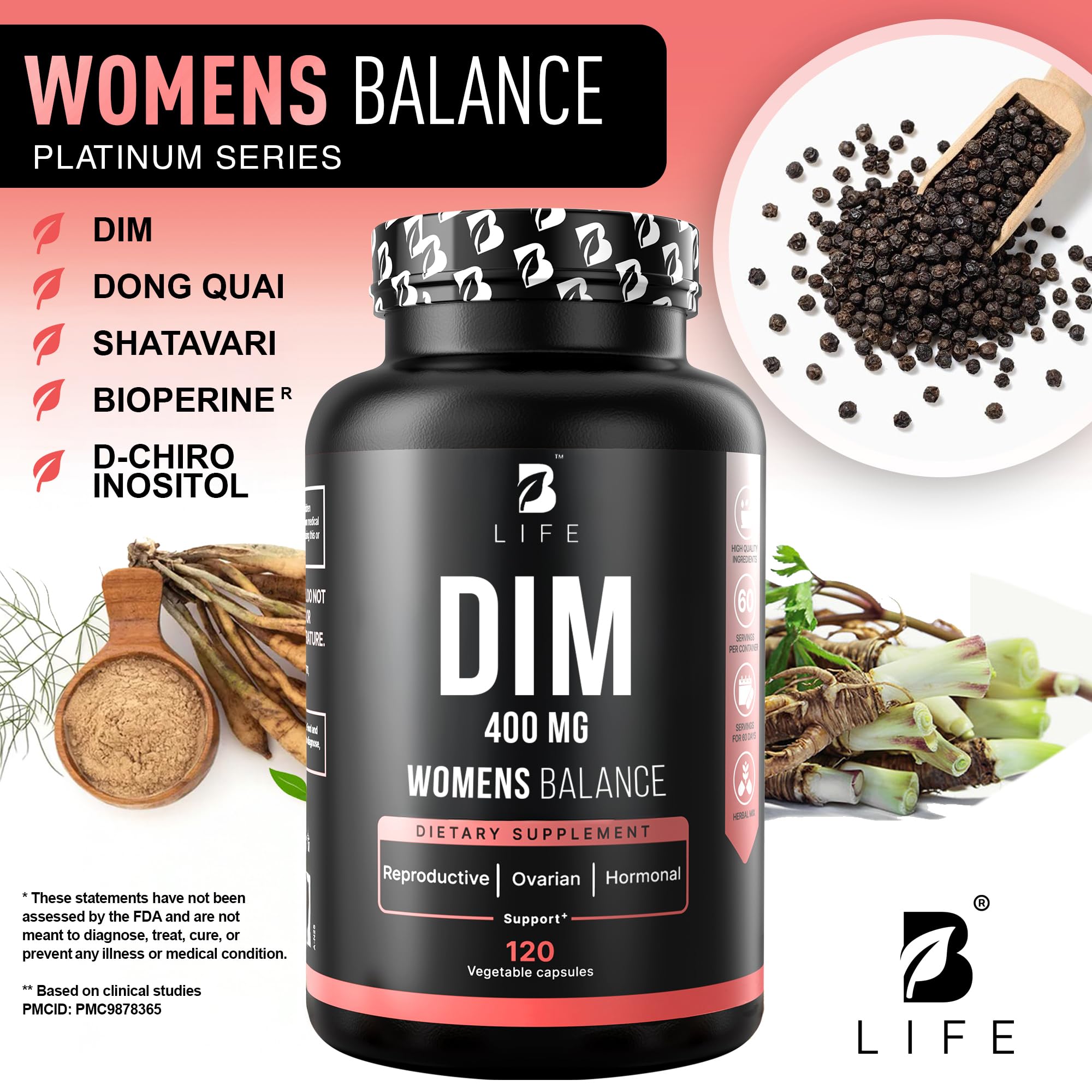 B Life Company DIM Supplement 400 mg with Myo & D-Chiro Inositol, Dong Quai – Hormone Balance for Women – Fertility Supplements – Inositol Supplement - 120 Caps B Life CompanyAu supplements