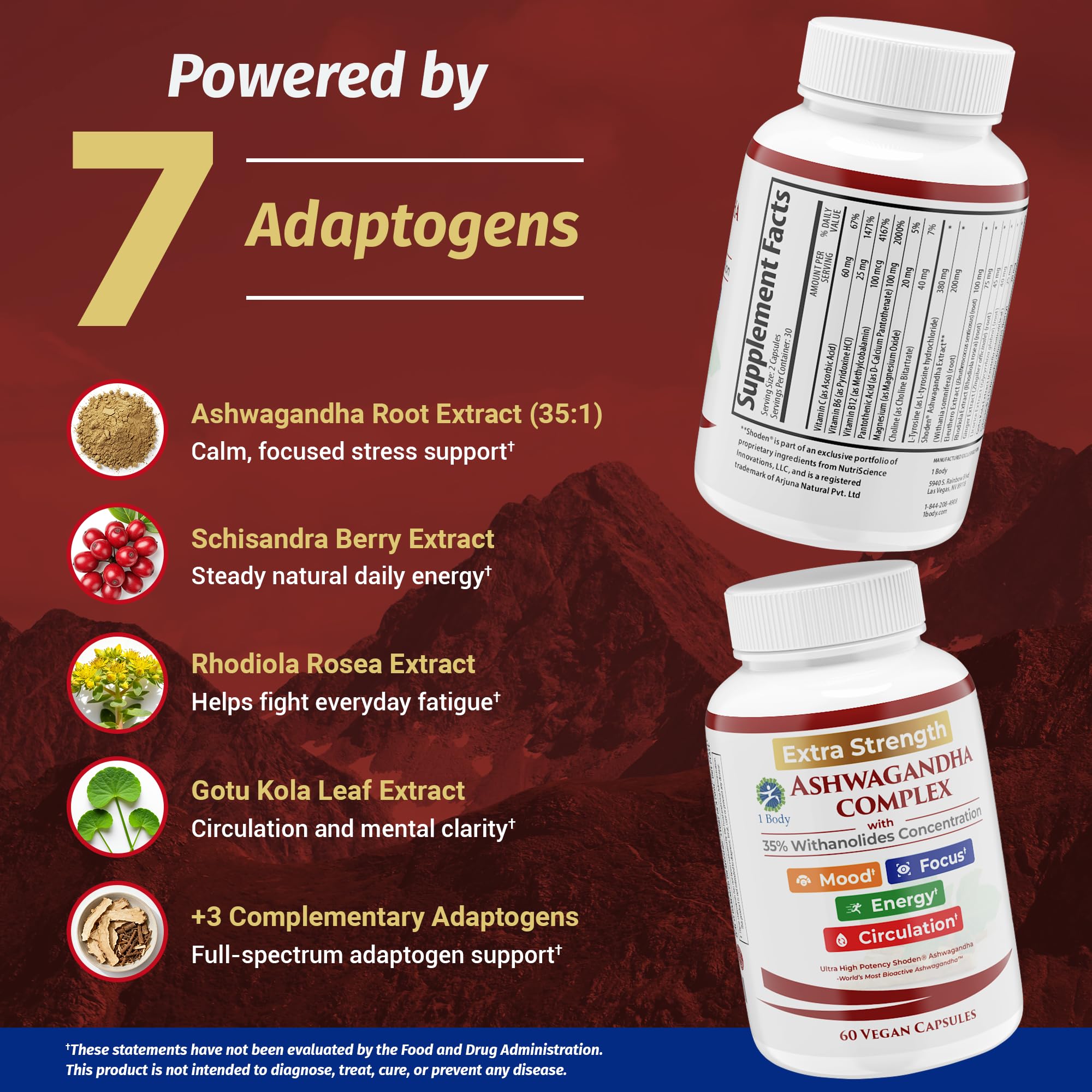 Ashwagandha Complex Adrenal Support Supplement for Stress Relief, Cortisol Balance, Energy & Focus, Mood Support, 35% Withanolides, 60 Vegan Capsules 1 BodyAu supplements