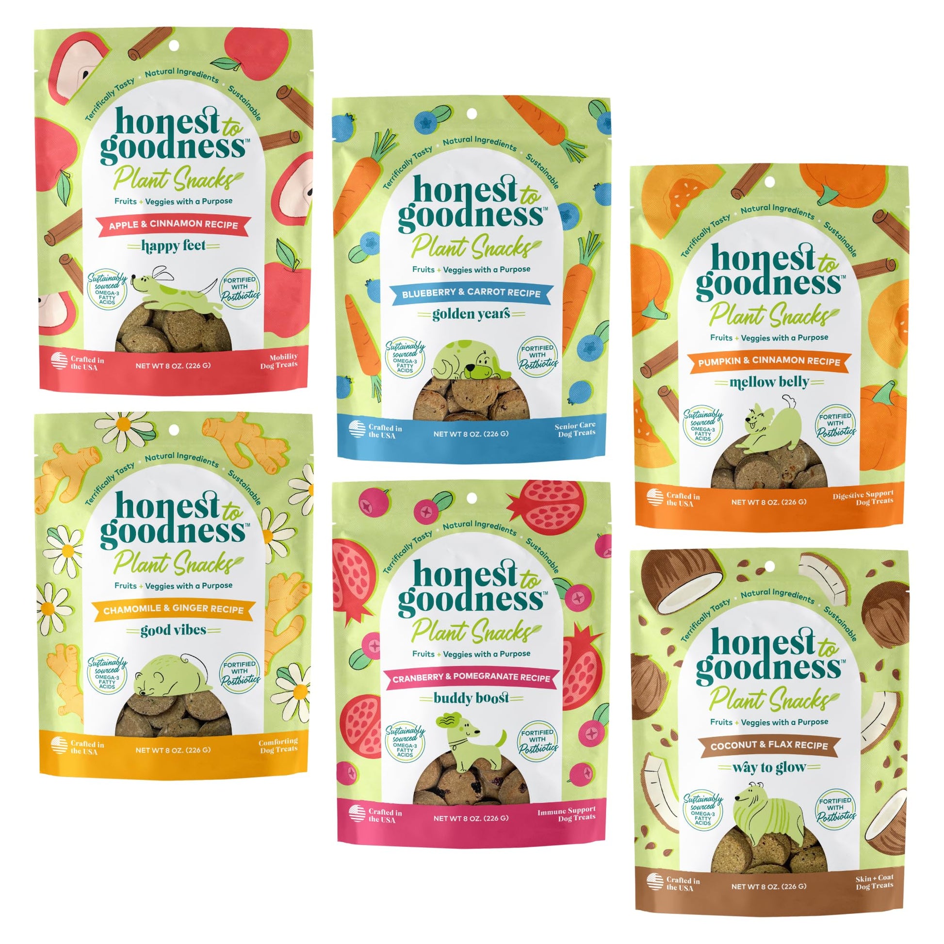 Honest to Goodness Plant Snacks Dog Treats, Enriched with Omega 3s & Postbiotics, 8oz Variety Pack, 6 Bags Honest to GoodnessAu supplements