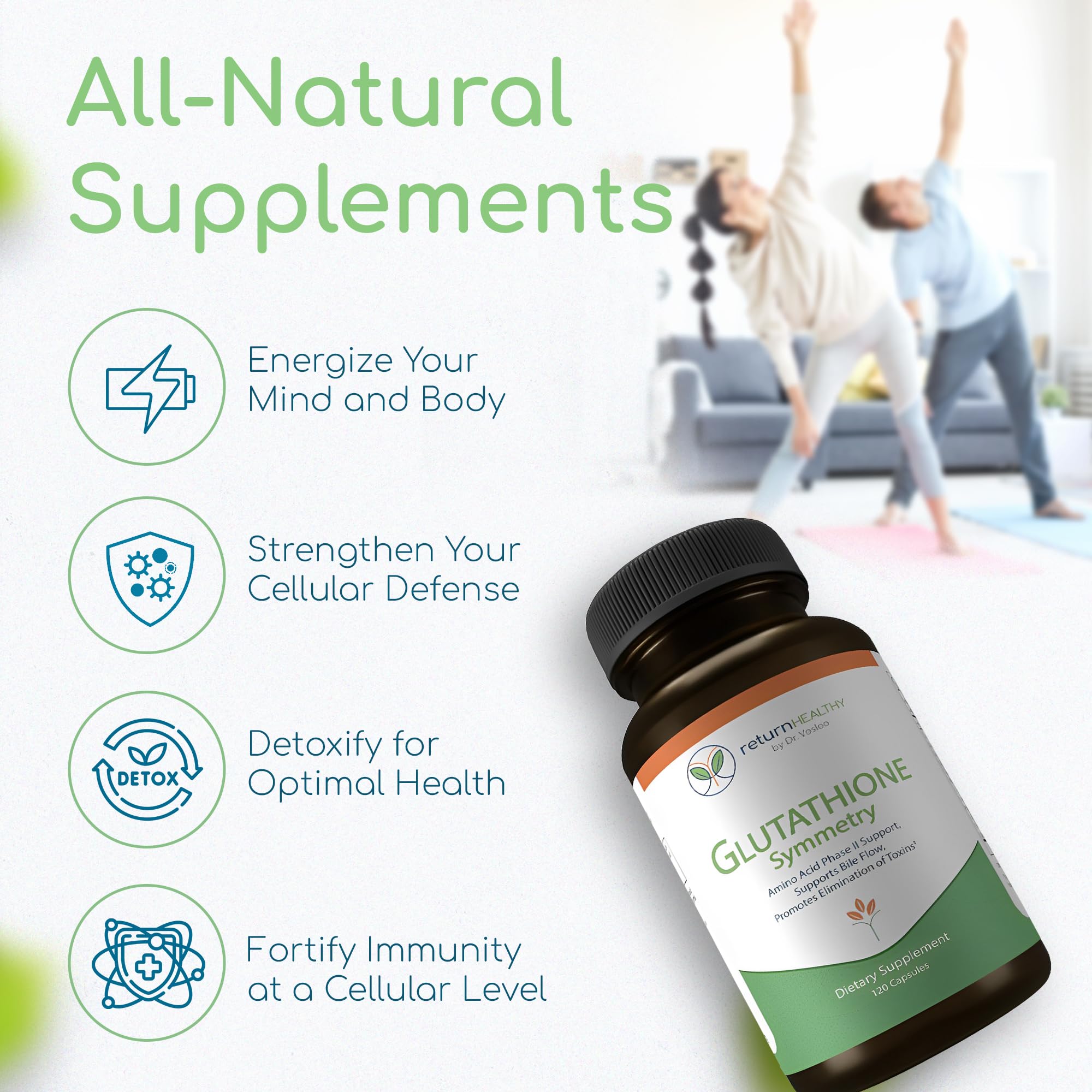 Return Healthy Glutathione Symmetry | S-Acetyl Glutathione Supplement | Antioxidants & Detoxification Supplement | Natural Cellular Support | All-Natural, Vegan, Non-GMO, 120 caps Return HealthyAu supplements