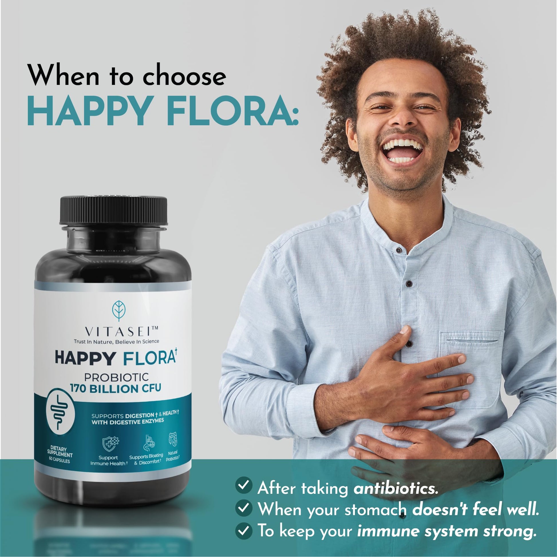 VITASEI Happy Flora, Probiotic Supplement 170 Billion CFU for a Healthy Gut Health with enzymes for Digestion, probiotics for Women and Men, 1 Bottle - 60 Capsules VITASEIAu supplements