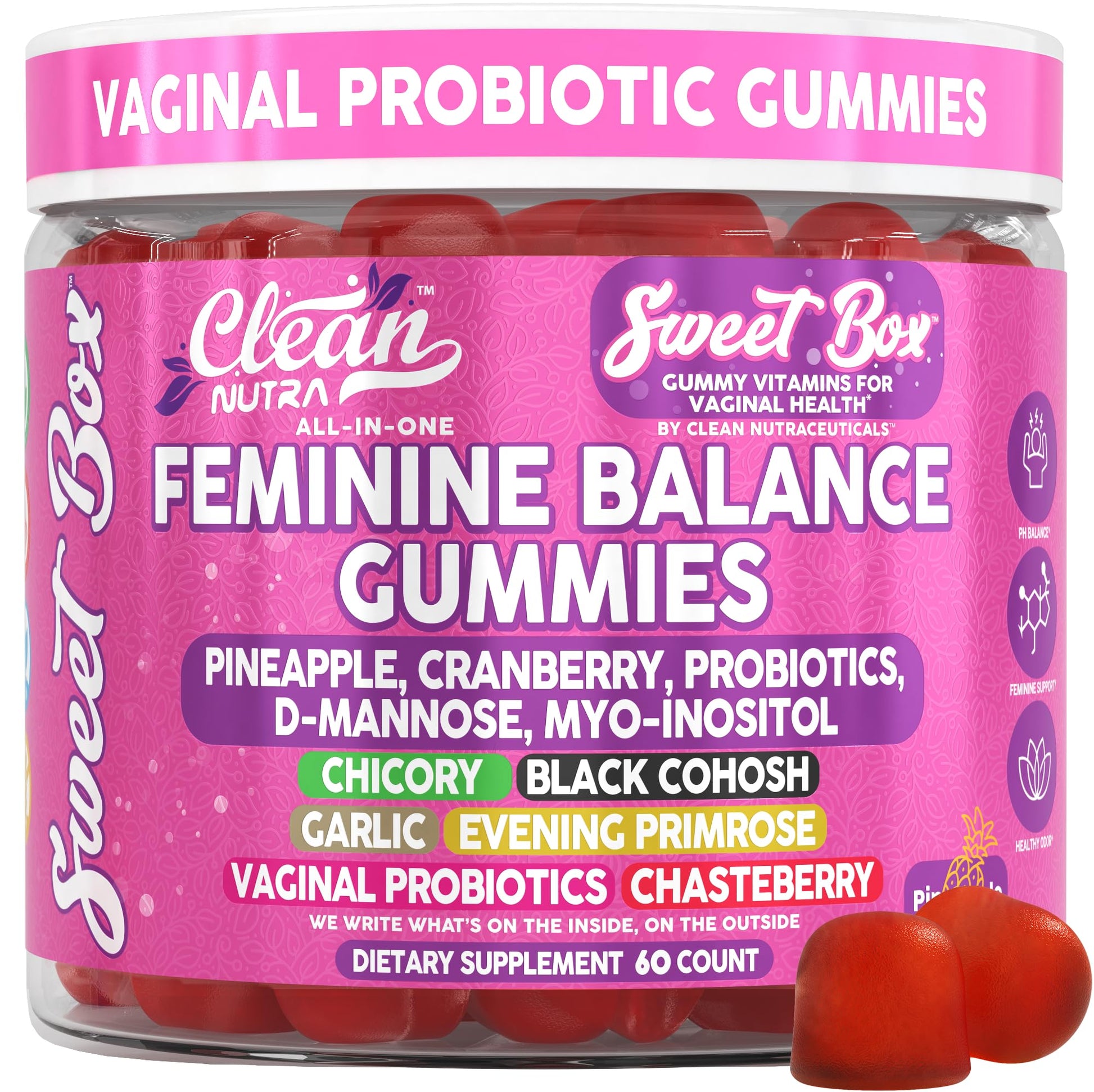 Clean Nutra Feminine Balance Gummies for Women Pineapple VaginalProbiotics pH Balance Cranberry D Mannose Supplement Inositol Black Cohosh Evening Primrose Garlic Vitex GLA Prebiotics Folate 60ct Clean NutraceuticalsAu supplements