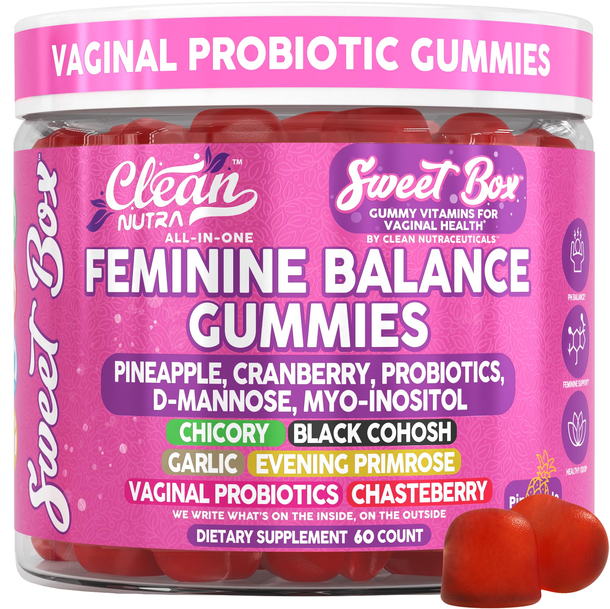 Clean Nutra Feminine Balance Gummies for Women Pineapple VaginalProbiotics pH Balance Cranberry D Mannose Supplement Inositol Black Cohosh Evening Primrose Garlic Vitex GLA Prebiotics Folate 60ct Clean NutraceuticalsAu supplements