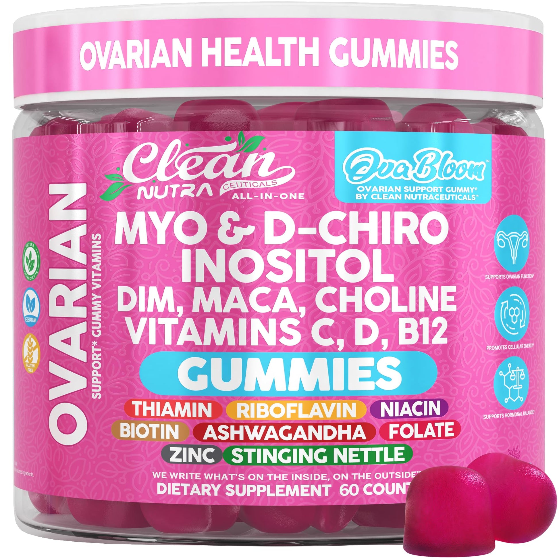 OVA Bloom Ovarian Support Gummies Myo Inositol D-Chiro Inositol Choline Flax Biotin Riboflavin Thiamin Niacin Ashwagandha DIM Maca Root Vitamin C D3 B12 Zinc 60 Count By Clean Nutra Clean NutraceuticalsAu supplements