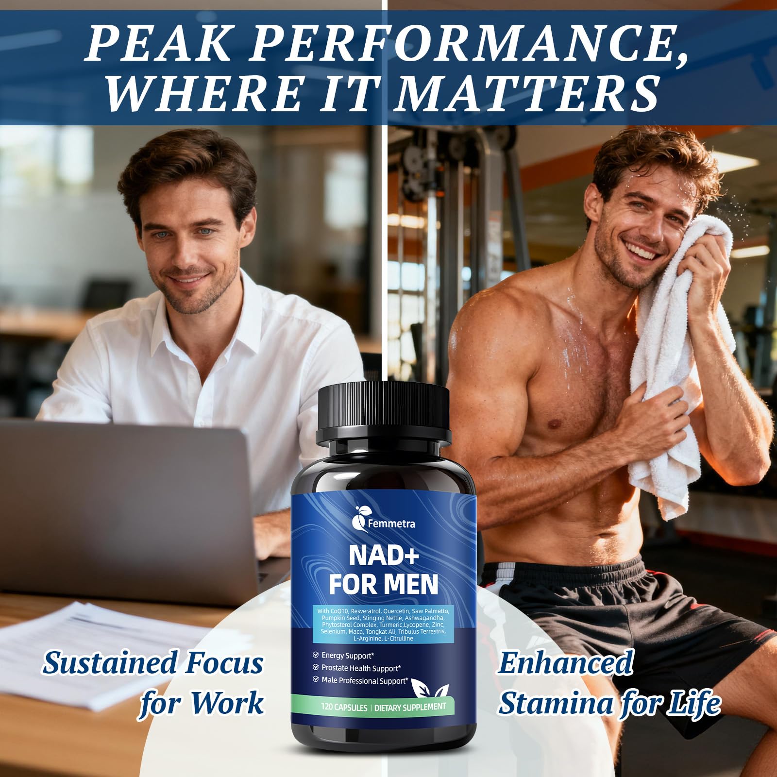 Femmetra NAD+ Supplements for Men with Saw Palmetto | All-in-One Cellular Energy, Prostate Support & Nitric Oxide Supplement with Resveratrol, L-Arginine | Non-GMO, 120 Capsules FemmetraAu supplements