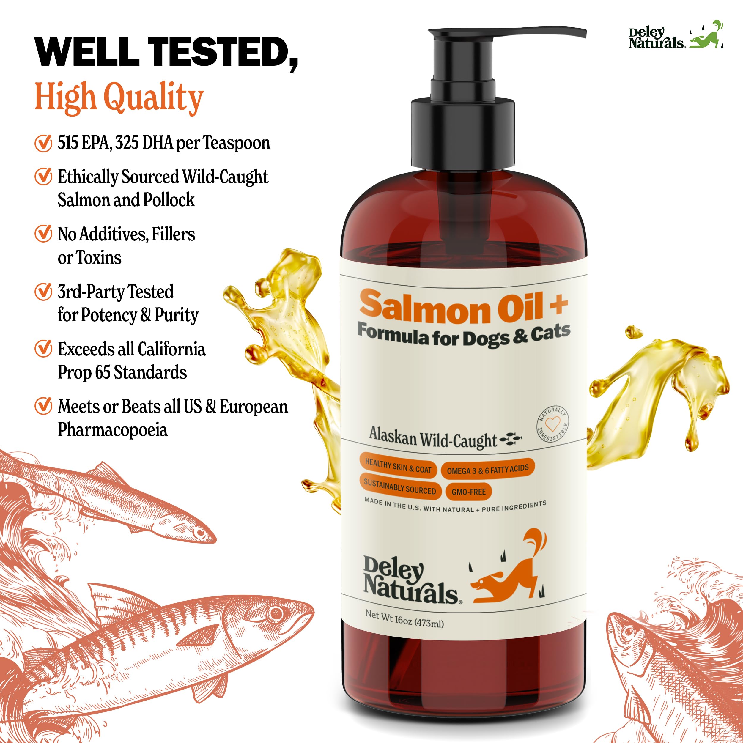 Deley Naturals Wild Alaskan Salmon Oil for Dogs & Cats - New and Improved Salmon Oil Plus Formula - Fish Oil for Dogs with Omega 3, DHA and EPA - Omega 3 for Healthy Skin and Coat - 16oz Made in USA Deley NaturalsAu supplements