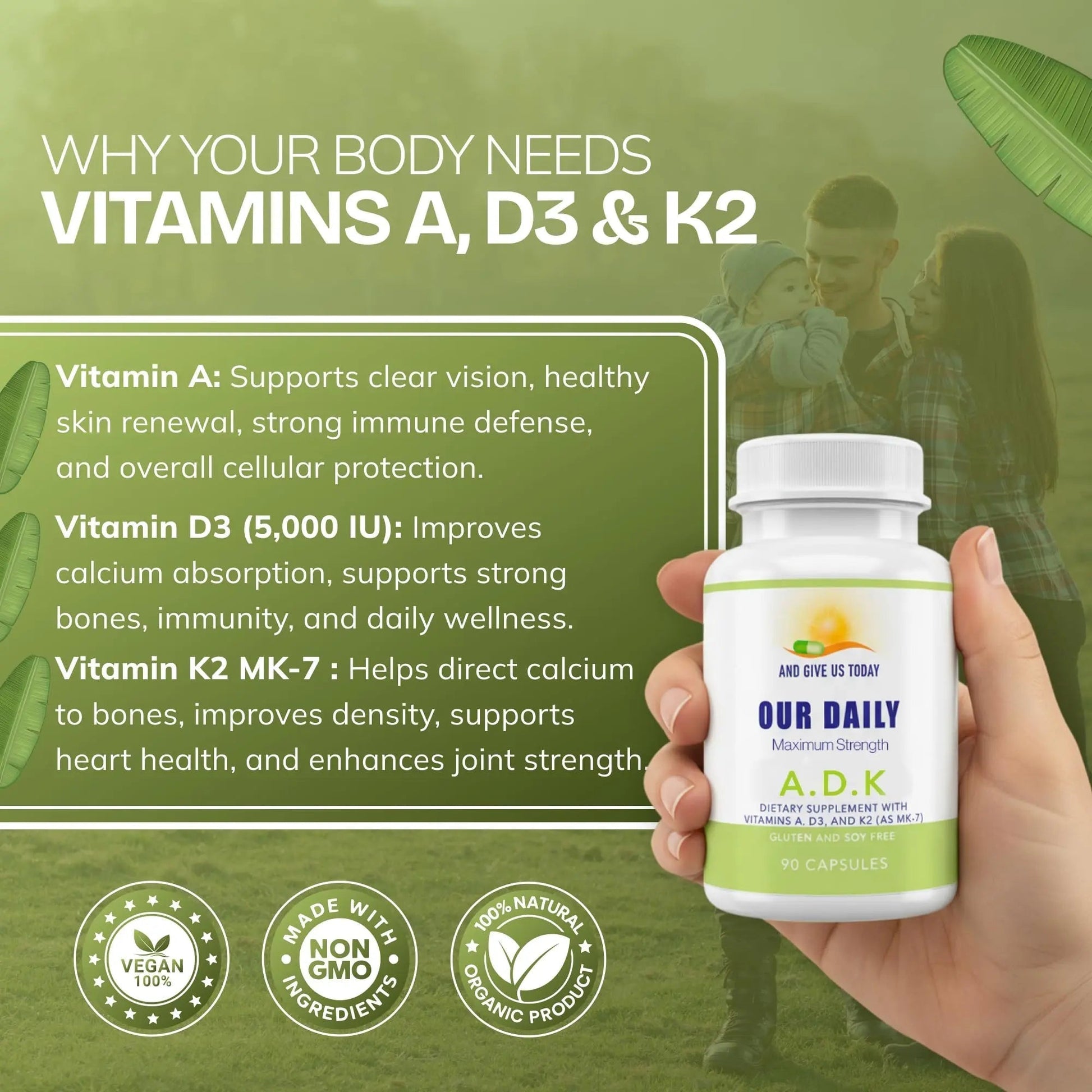 Daily Vites, ADK Vitamin Supplement 5000 IU, 90 Capsules - 3 Months Supply - High Potency Vitamin A, D3 & K2 (MK-7) - Physician Formulated ADK for Bone, Heart AND GIVE US TODAY OUR DAILYAu supplements